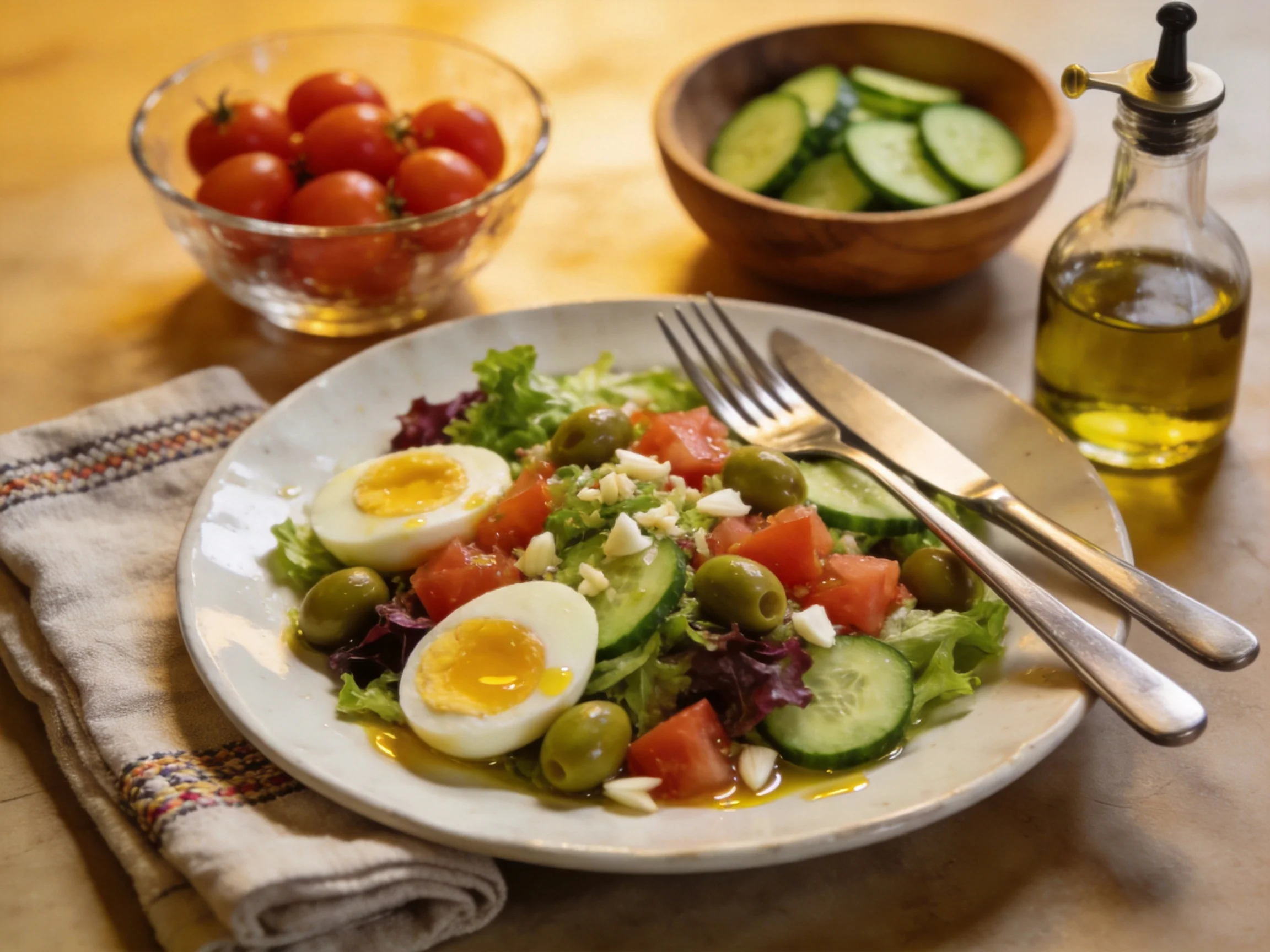 Fresh Mediterranean salad with hard-boiled eggs, tomatoes, olives, and vegetables
