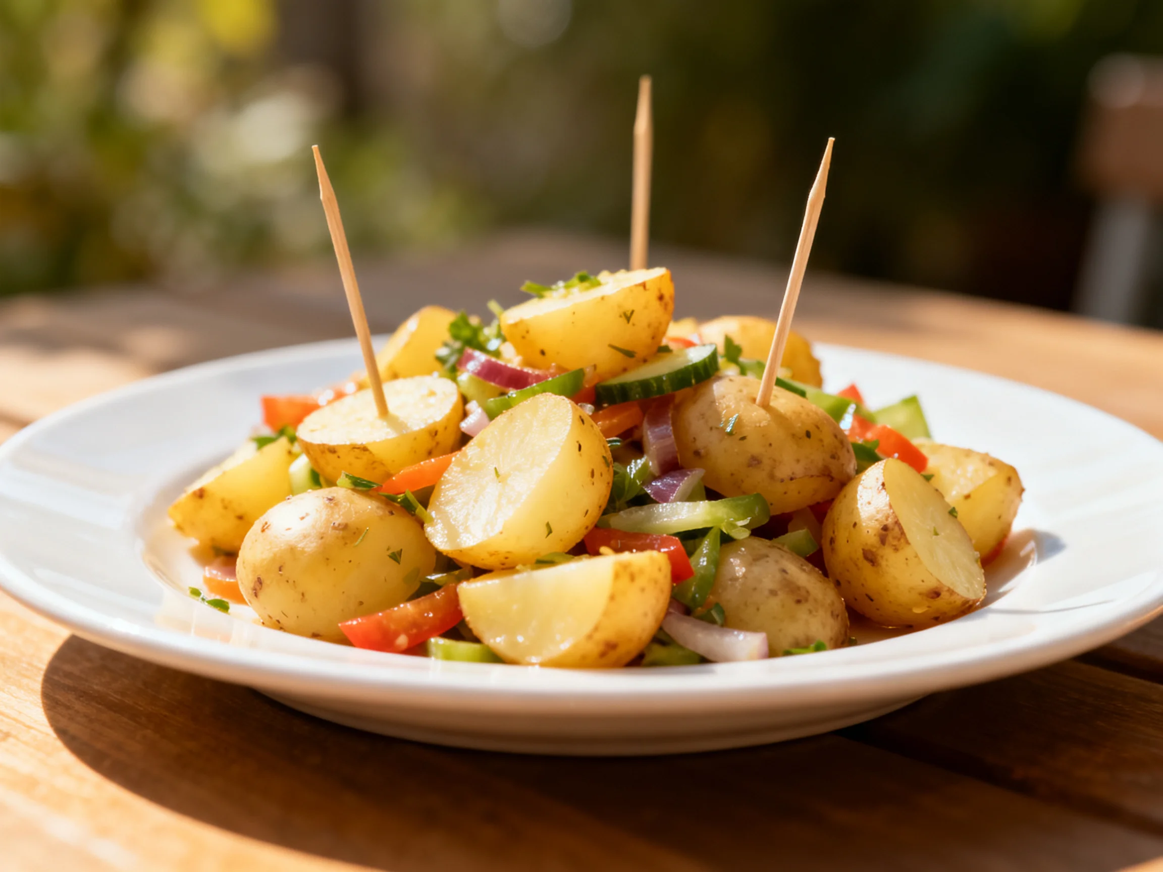 Fresh Potato Salad Mixed with Vegetables and Toothpicks on a White Plate