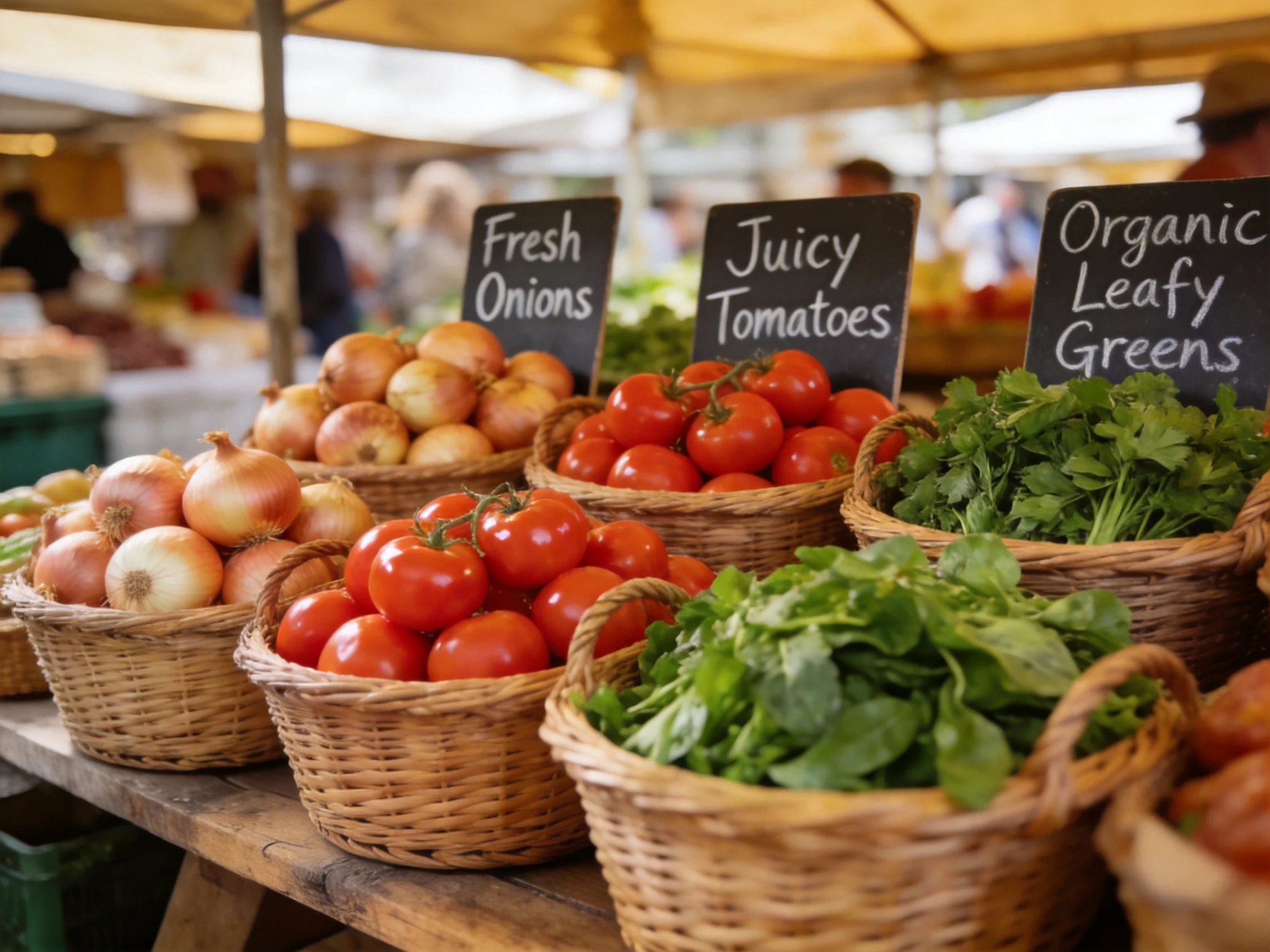 Fresh Produce Display: Onions, Tomatoes, and Leafy Greens at Outdoor Market