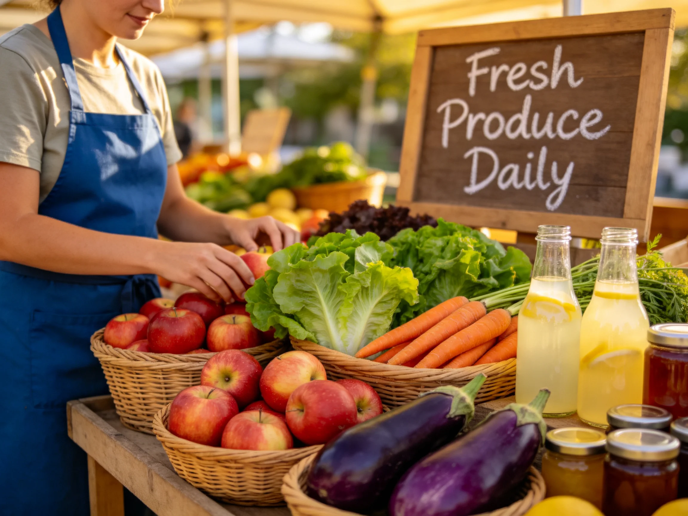 Fresh Produce Market with Apples, Carrots, and Eggplants