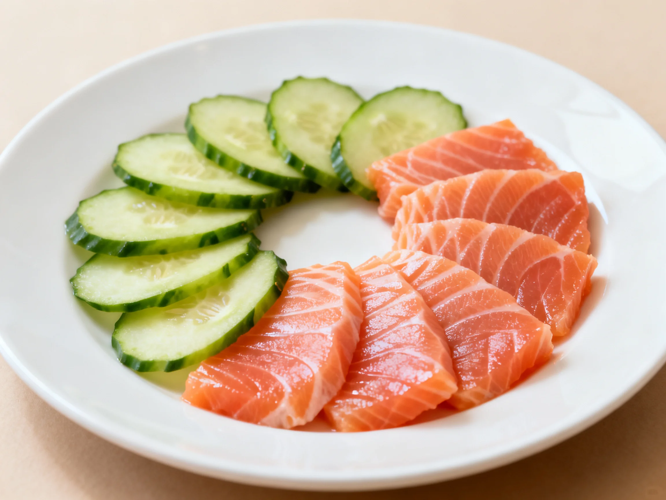 Fresh Salmon Slices and Cucumber Rounds Displayed on White Plate