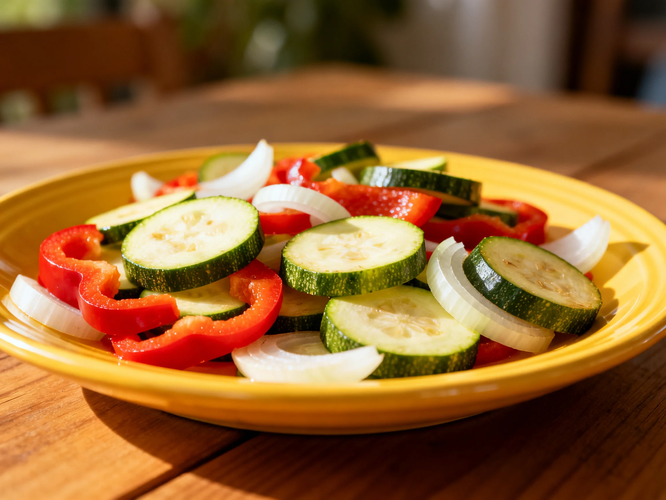Fresh Sliced Vegetables in Yellow Bowl with Natural Lighting