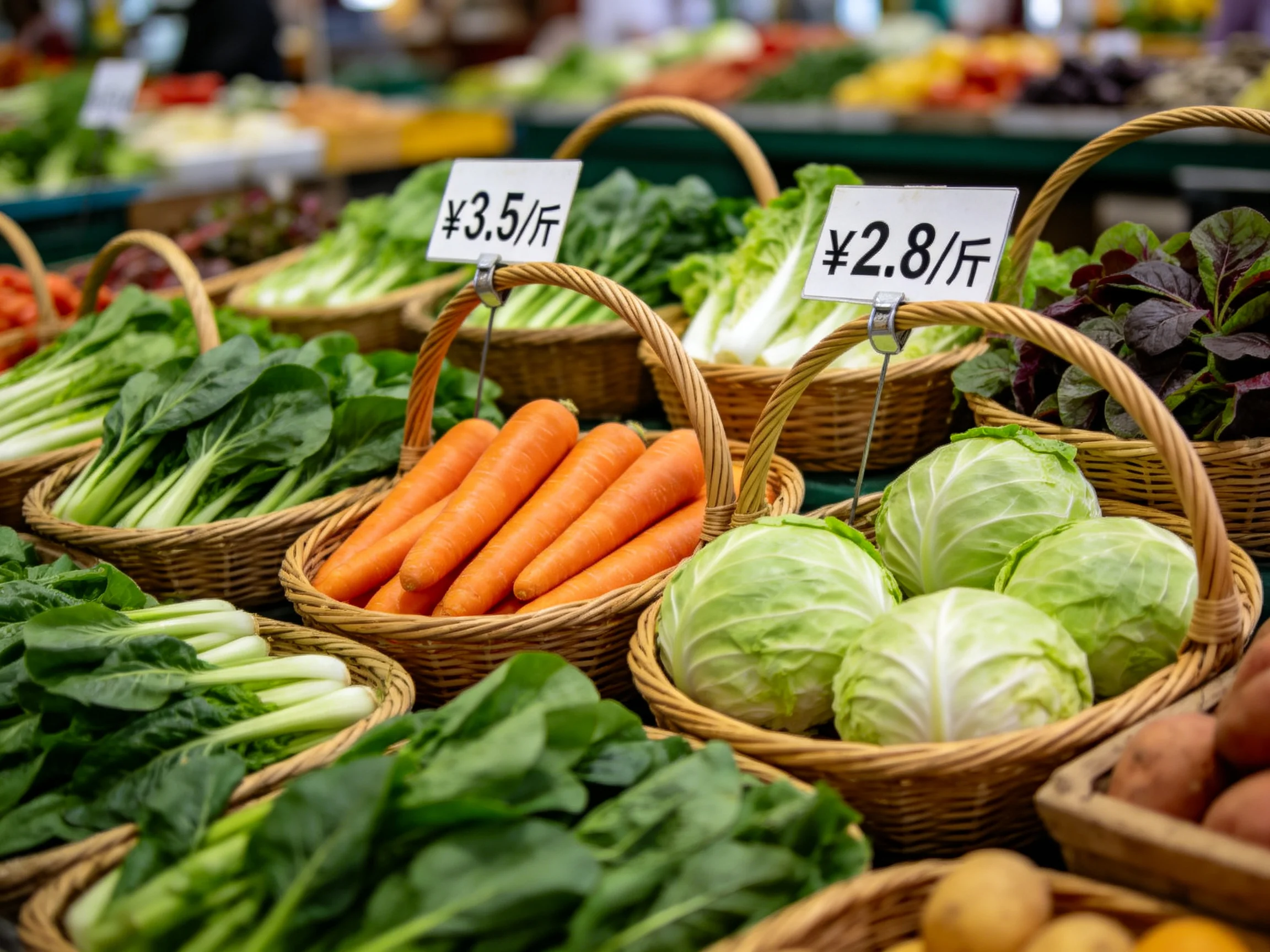 Fresh Vegetables Displayed in Wicker Baskets with Price Tags