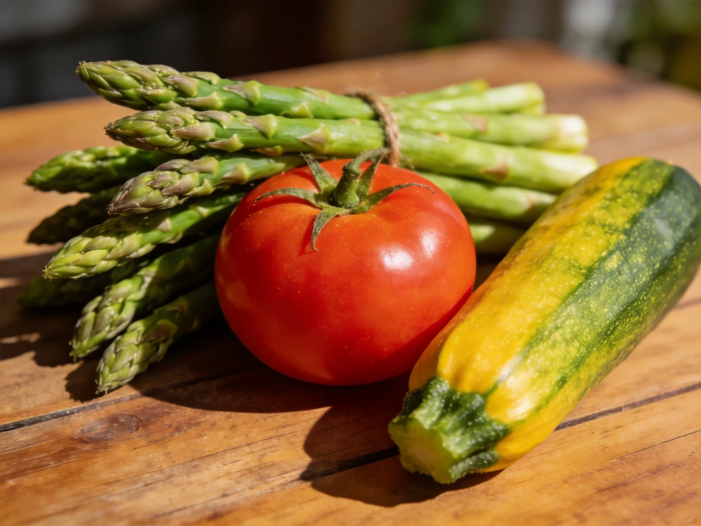 Fresh asparagus, ripe tomato, and striped zucchini on wooden surface