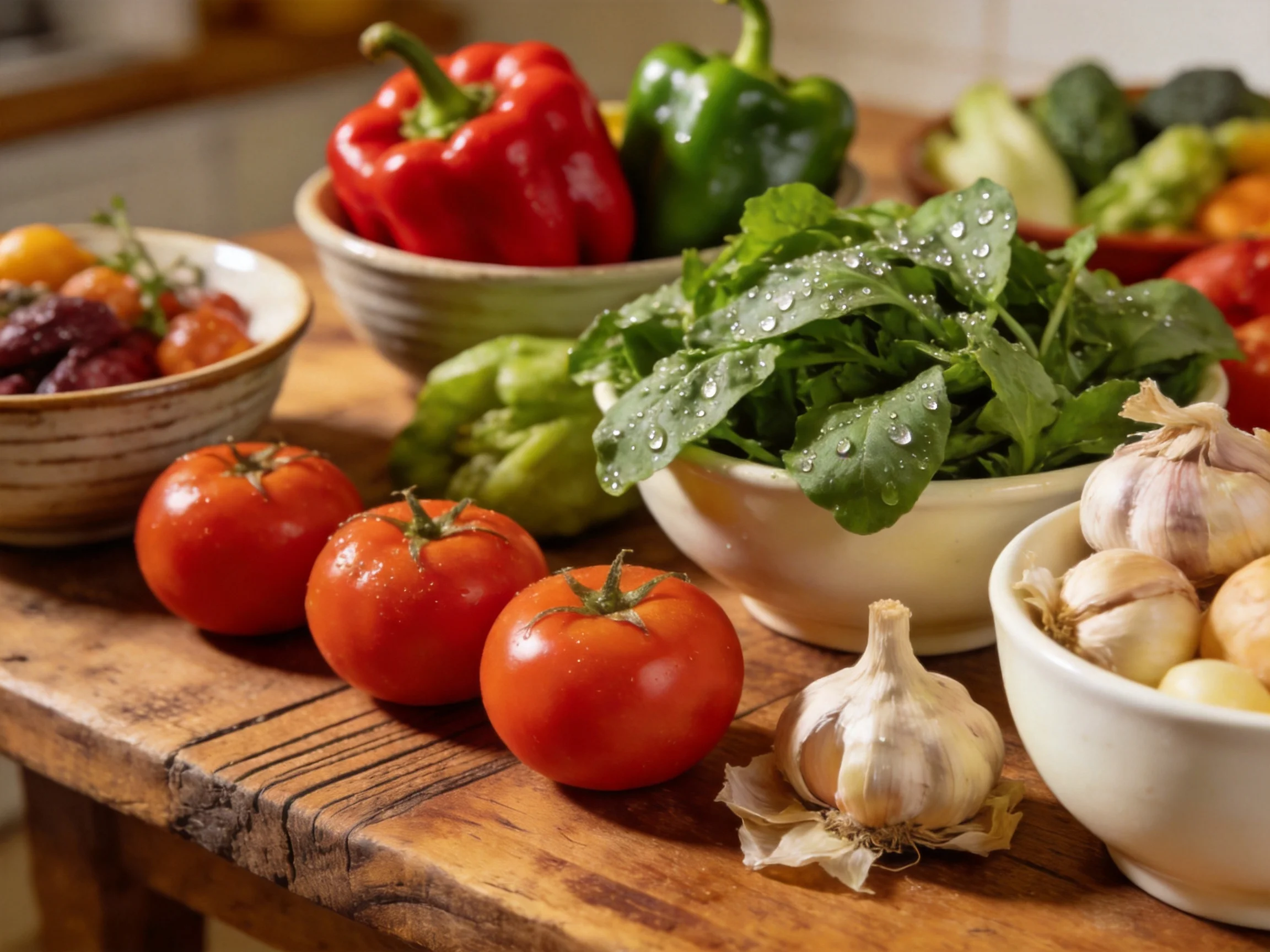 Fresh assorted vegetables arranged on a rustic wooden table with vibrant colors and varied textures