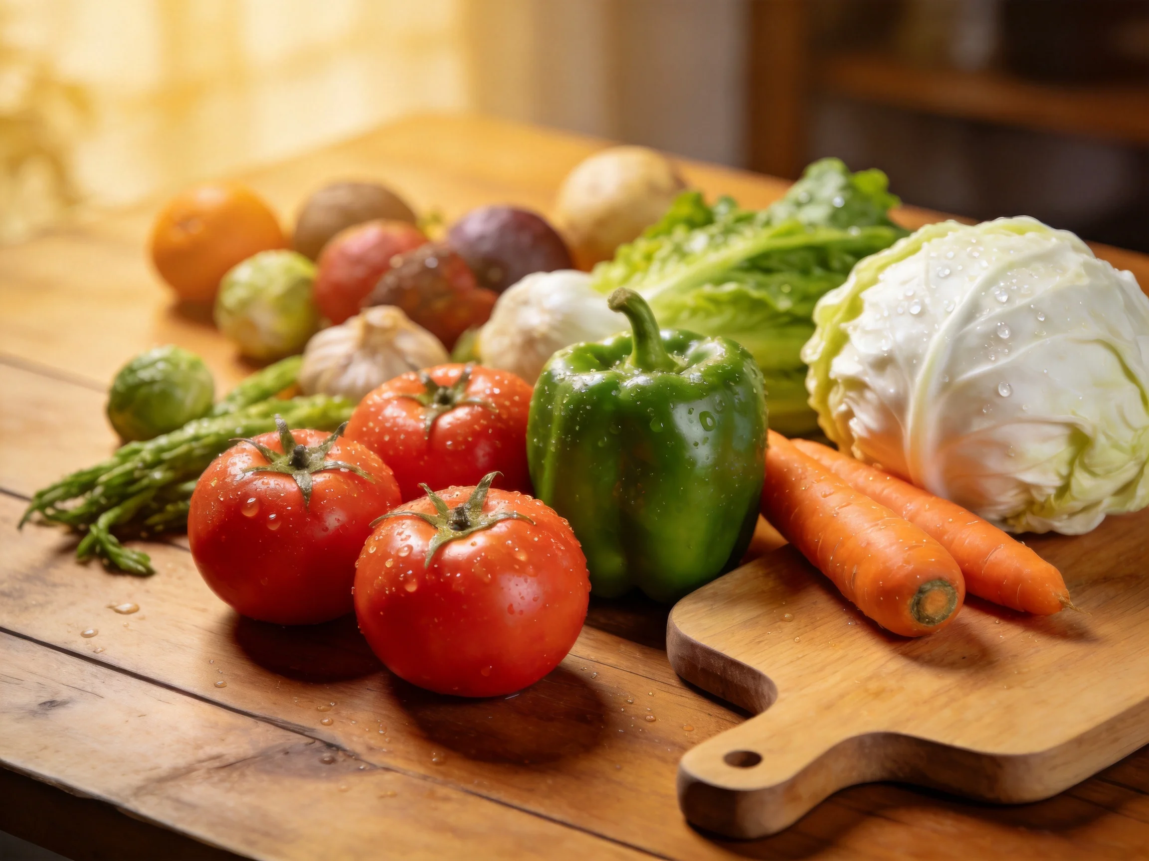 Fresh assorted vegetables in varied colors on wooden surface