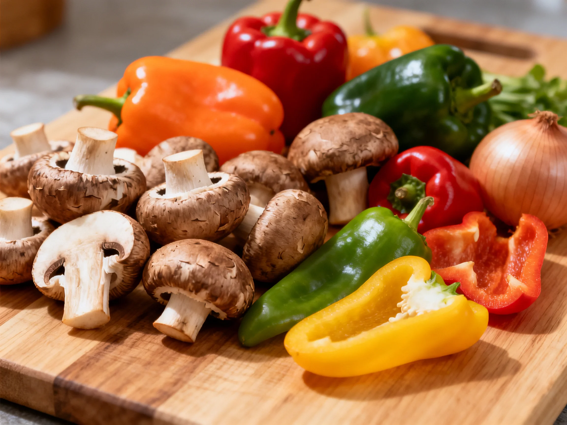 Fresh assorted vegetables—mushrooms, colorful bell peppers, and an onion—on a wooden cutting boar