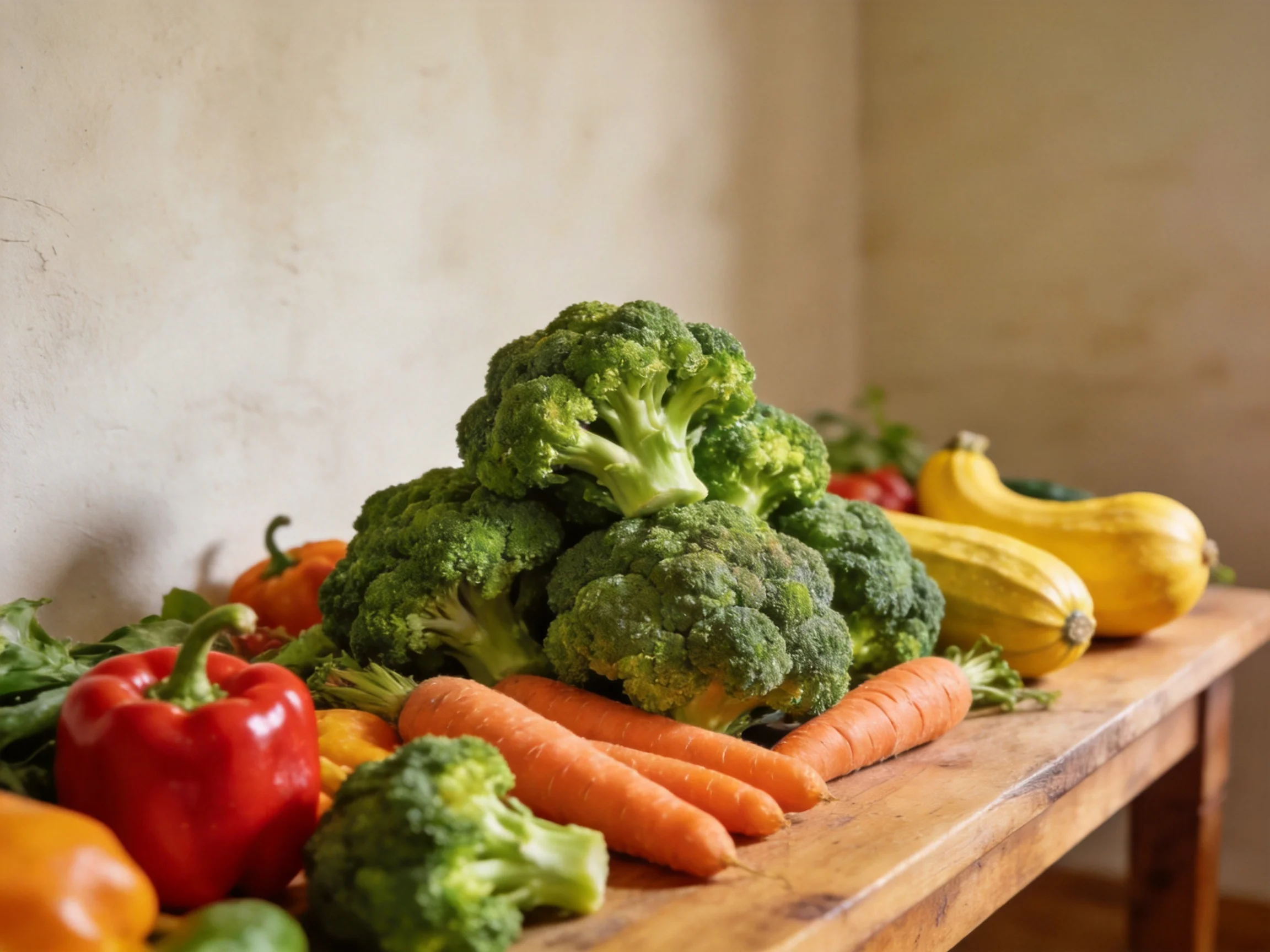 Fresh assortment of colorful vegetables—broccoli, carrots, bell peppers, squash—on a rustic woode