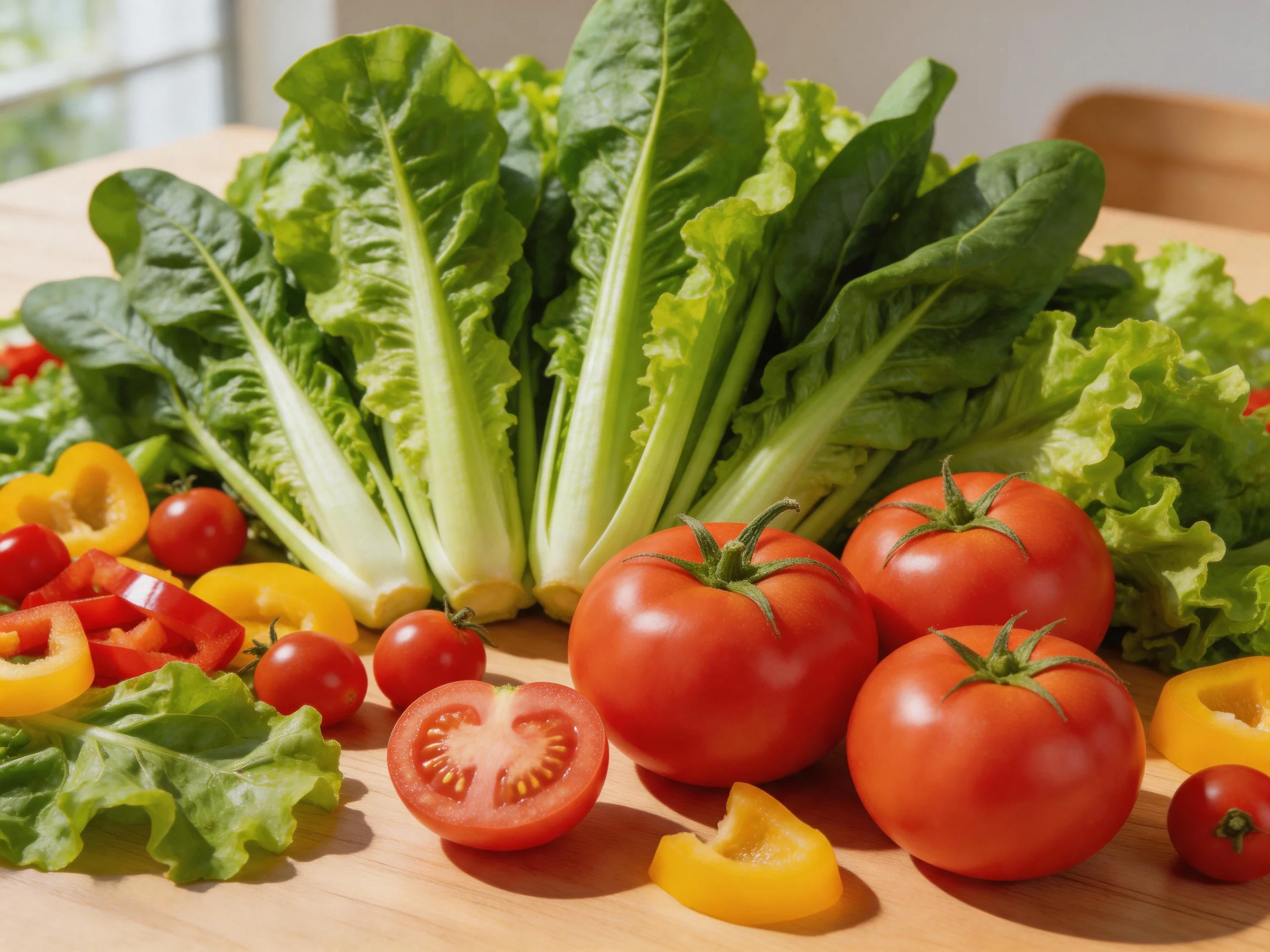 Fresh assortment of leafy greens, ripe tomatoes, and colorful bell peppers on a wooden surface