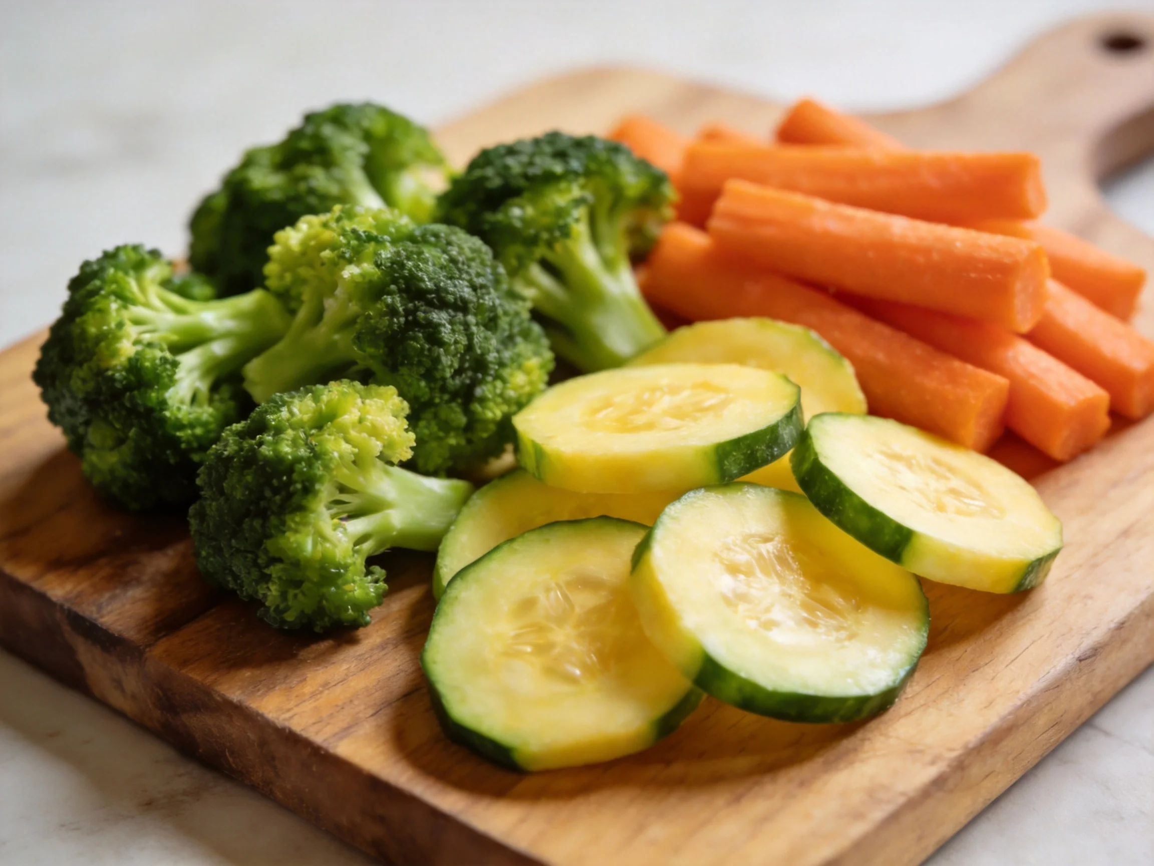 Fresh assortment of raw vegetables on a wooden cutting board includes broccoli, carrot sticks, and sl
