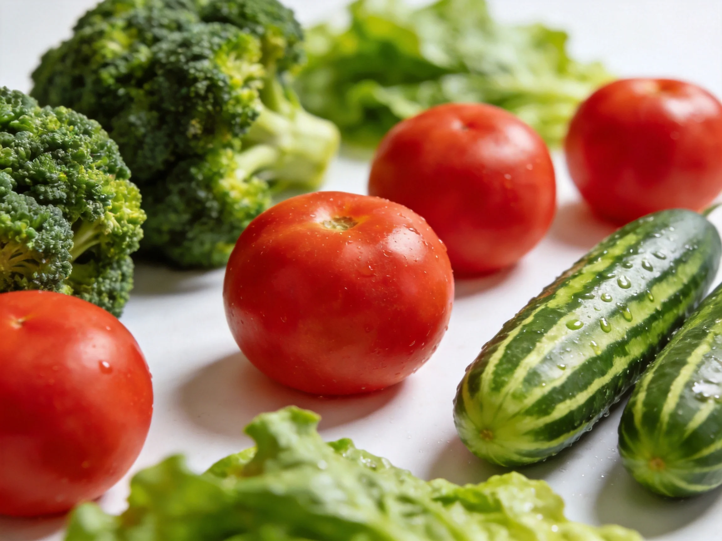 Fresh assortment of vegetables featuring green broccoli, red tomatoes, and striped cucumbers