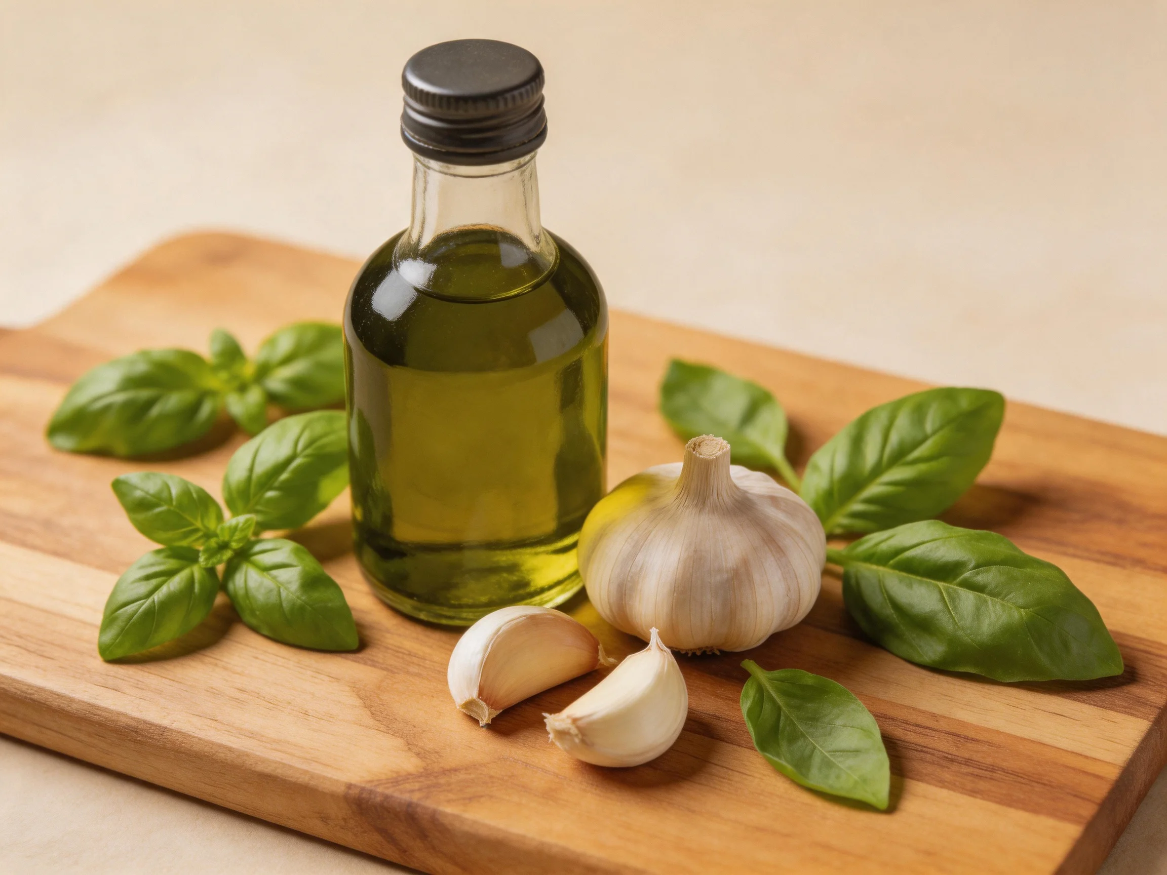 Fresh basil, garlic cloves, and olive oil in a small bottle on a wooden cutting board