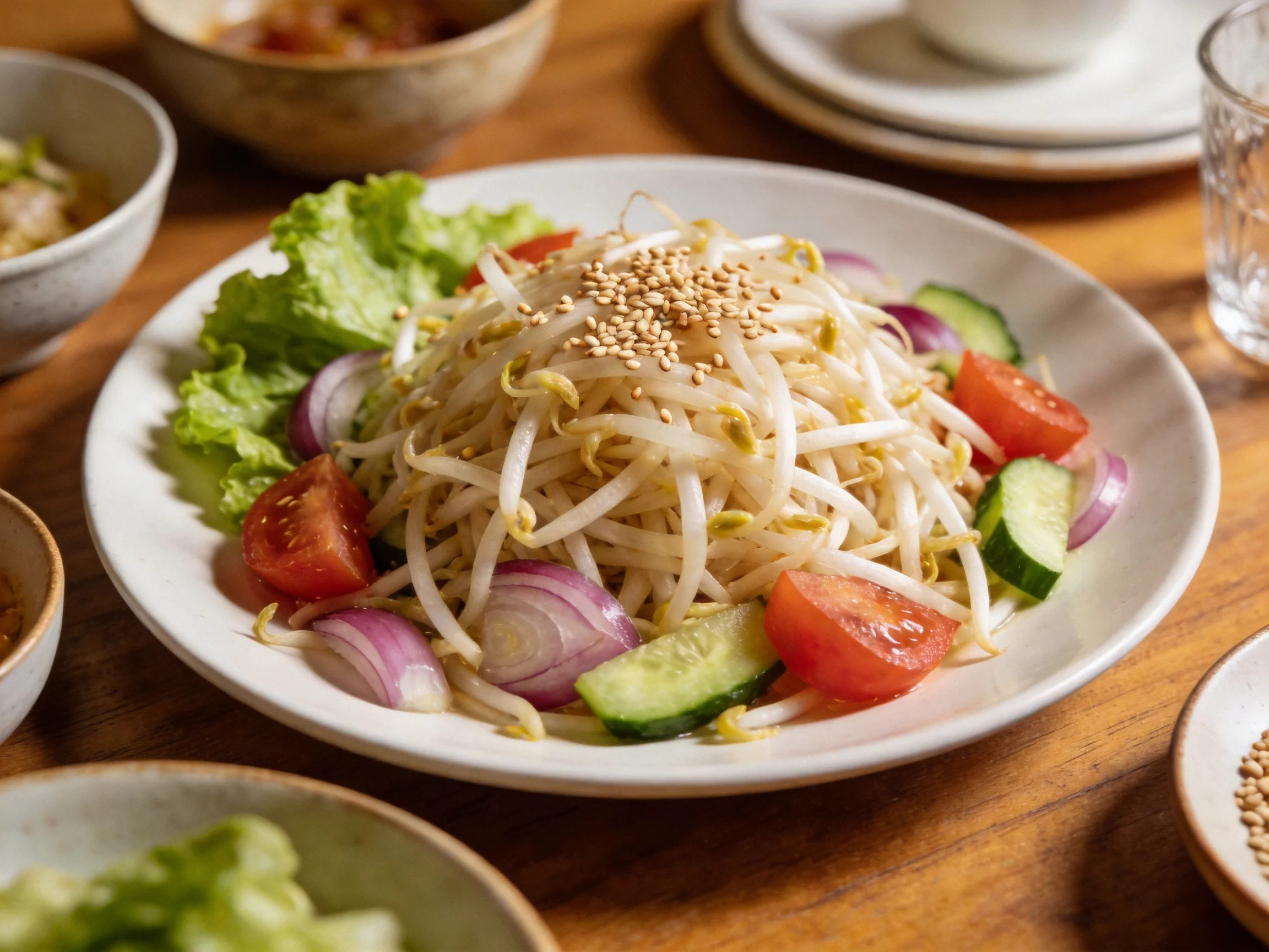 Fresh bean sprout salad with tomatoes, cucumbers, and sesame seeds