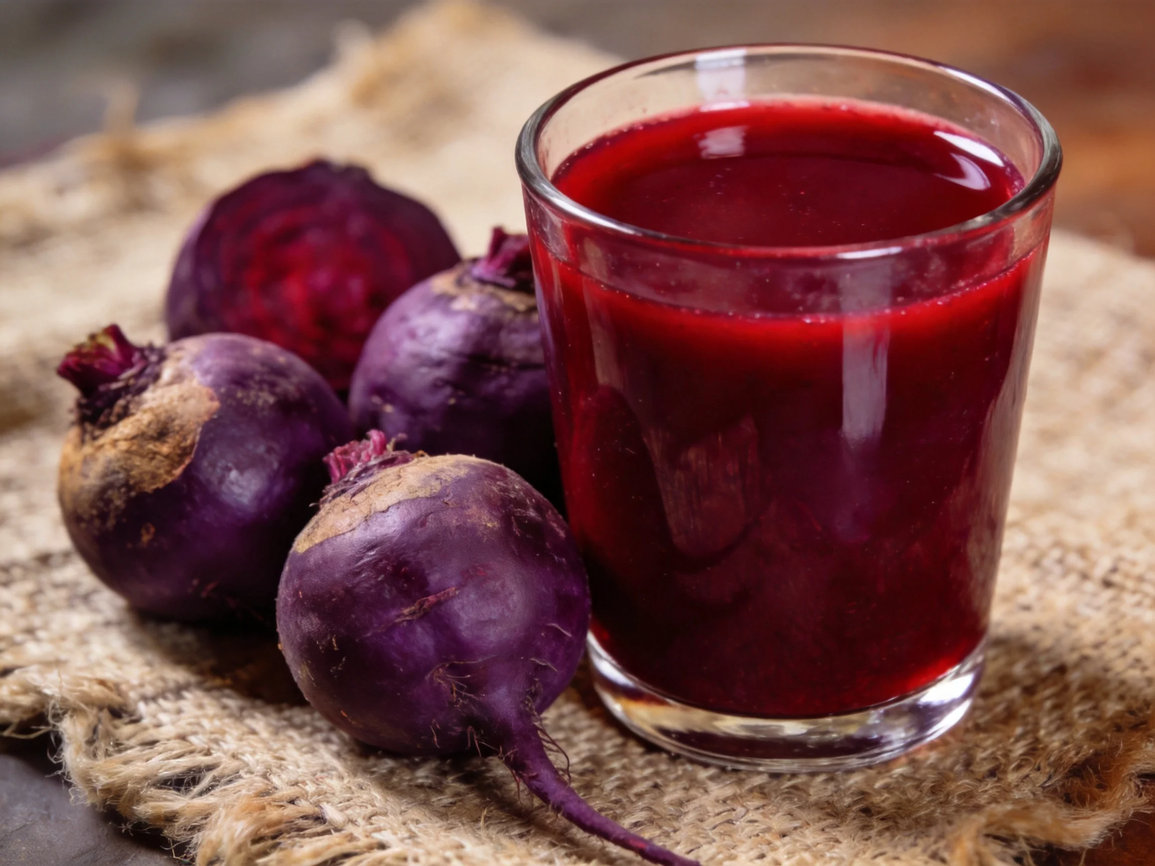 Fresh beetroots and vibrant beet juice on burlap fabric