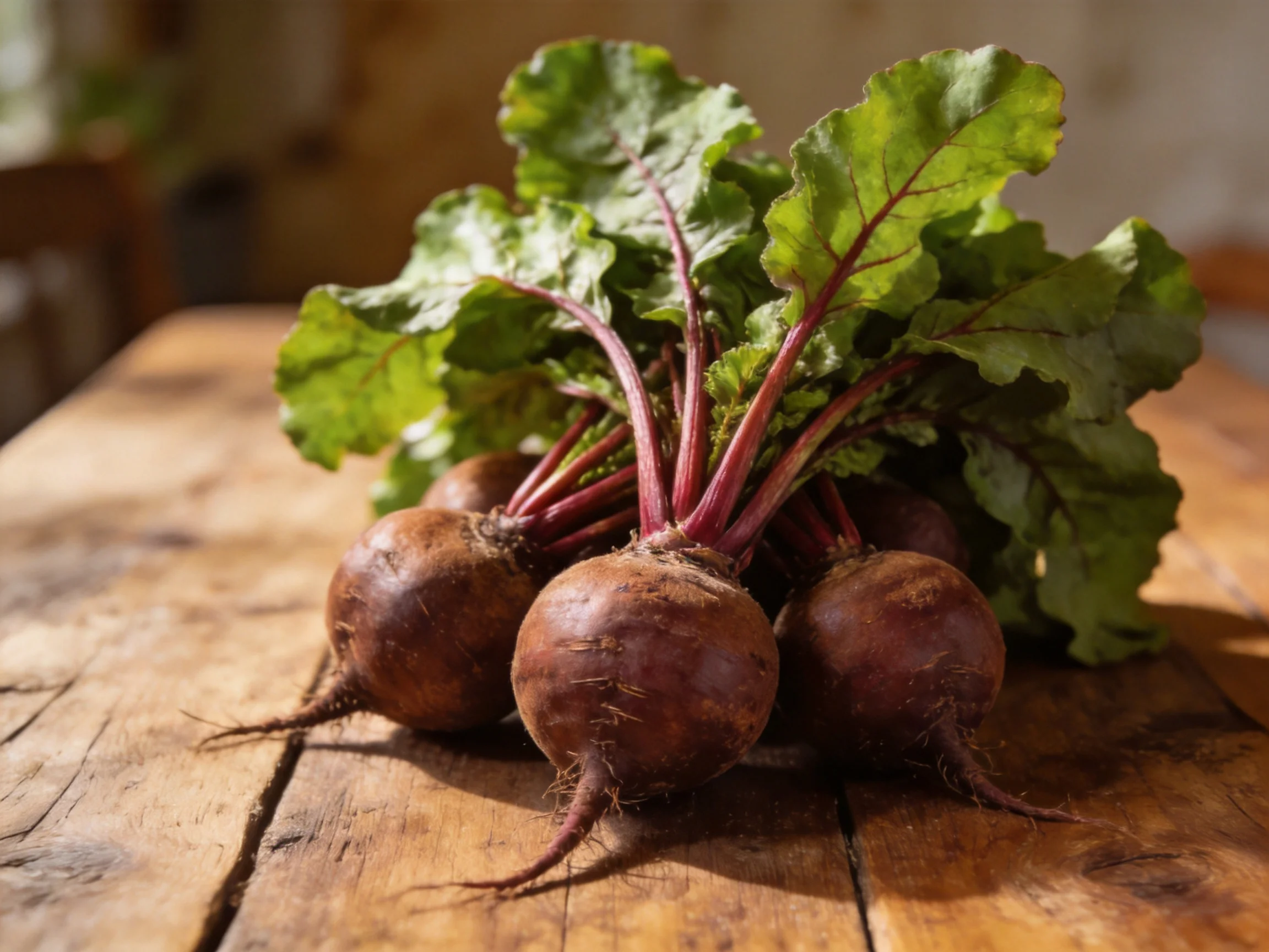Fresh beetroots with vibrant green tops arranged on a rustic wooden table