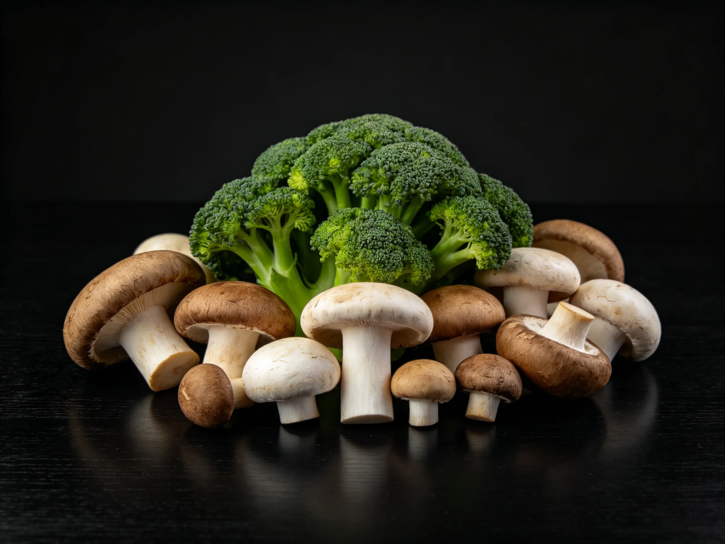 Fresh broccoli centered among assorted brown and white mushrooms on a black surface
