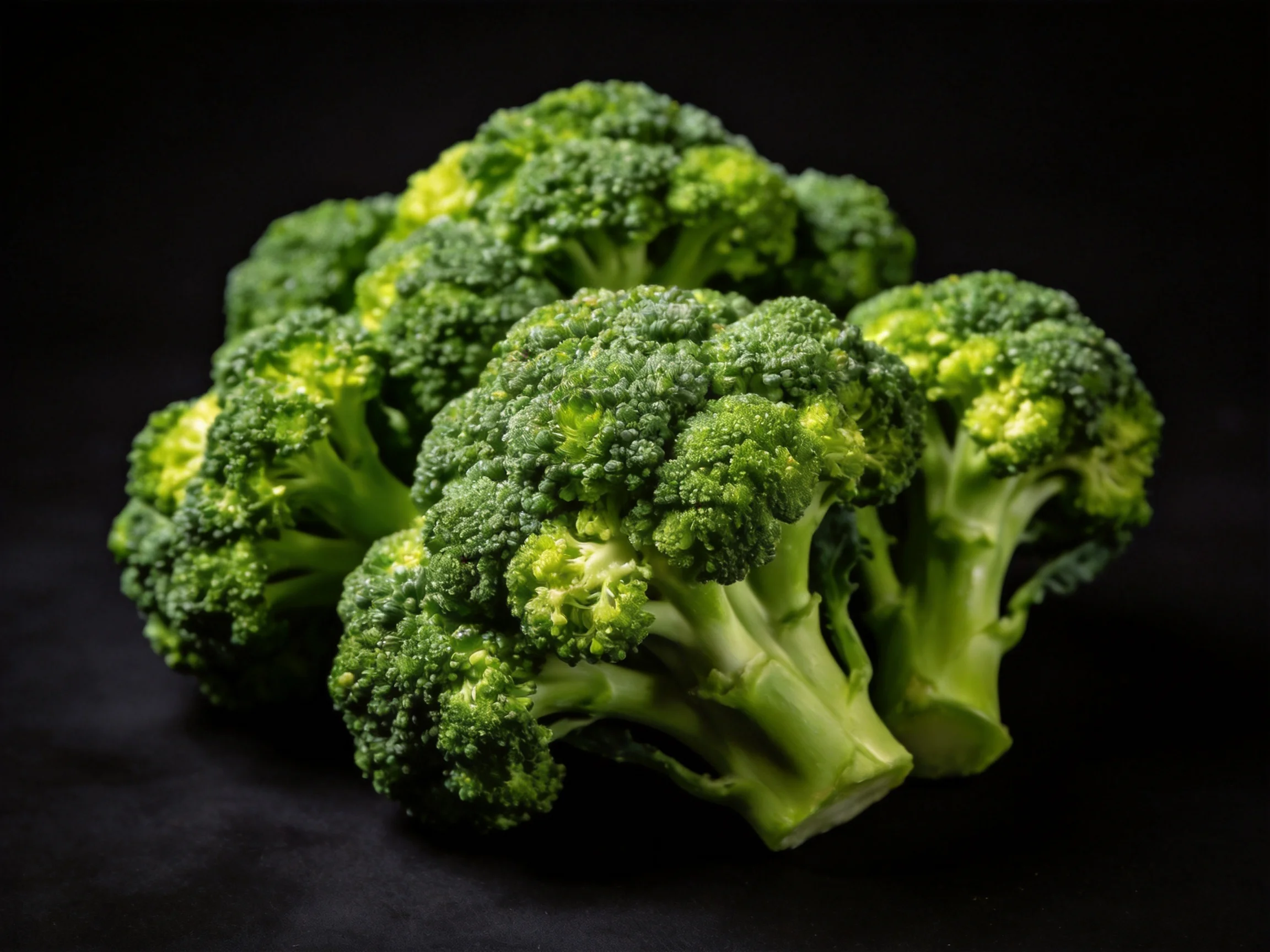Fresh broccoli clusters with vibrant green hues on a dark surface.