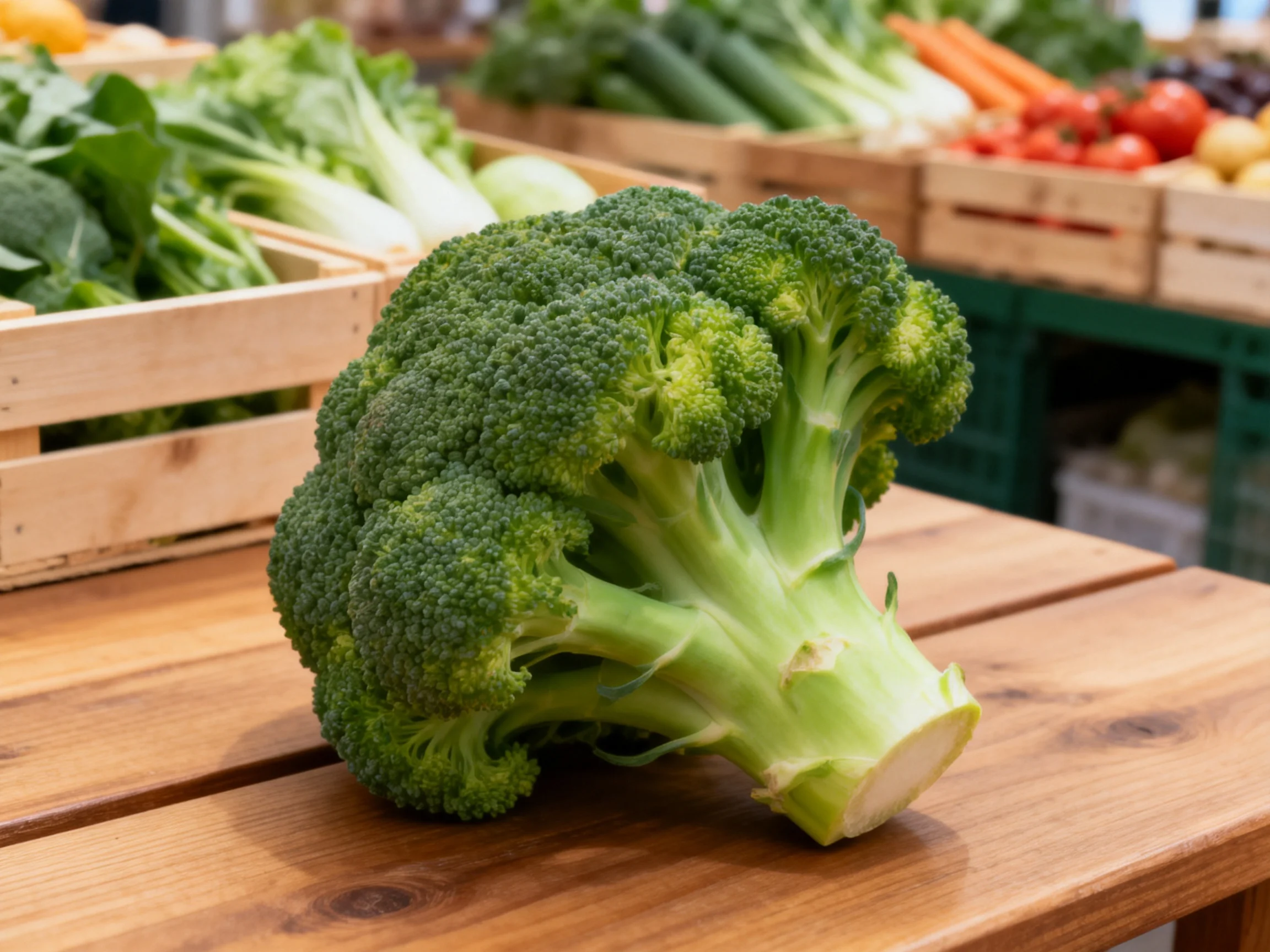 Fresh broccoli displayed on wooden table with vegetable crates