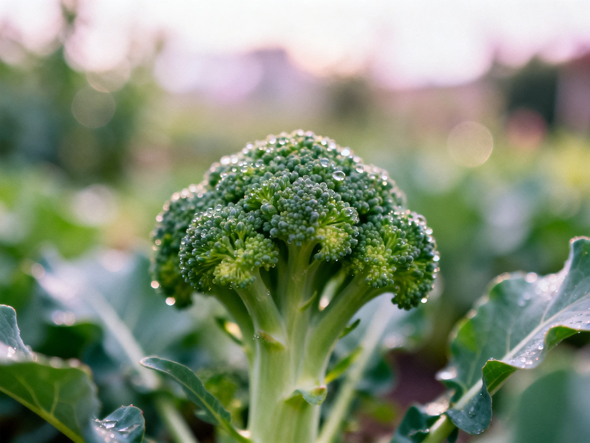 Fresh broccoli floret with morning dew drops, surrounded by large green leaves in garden field