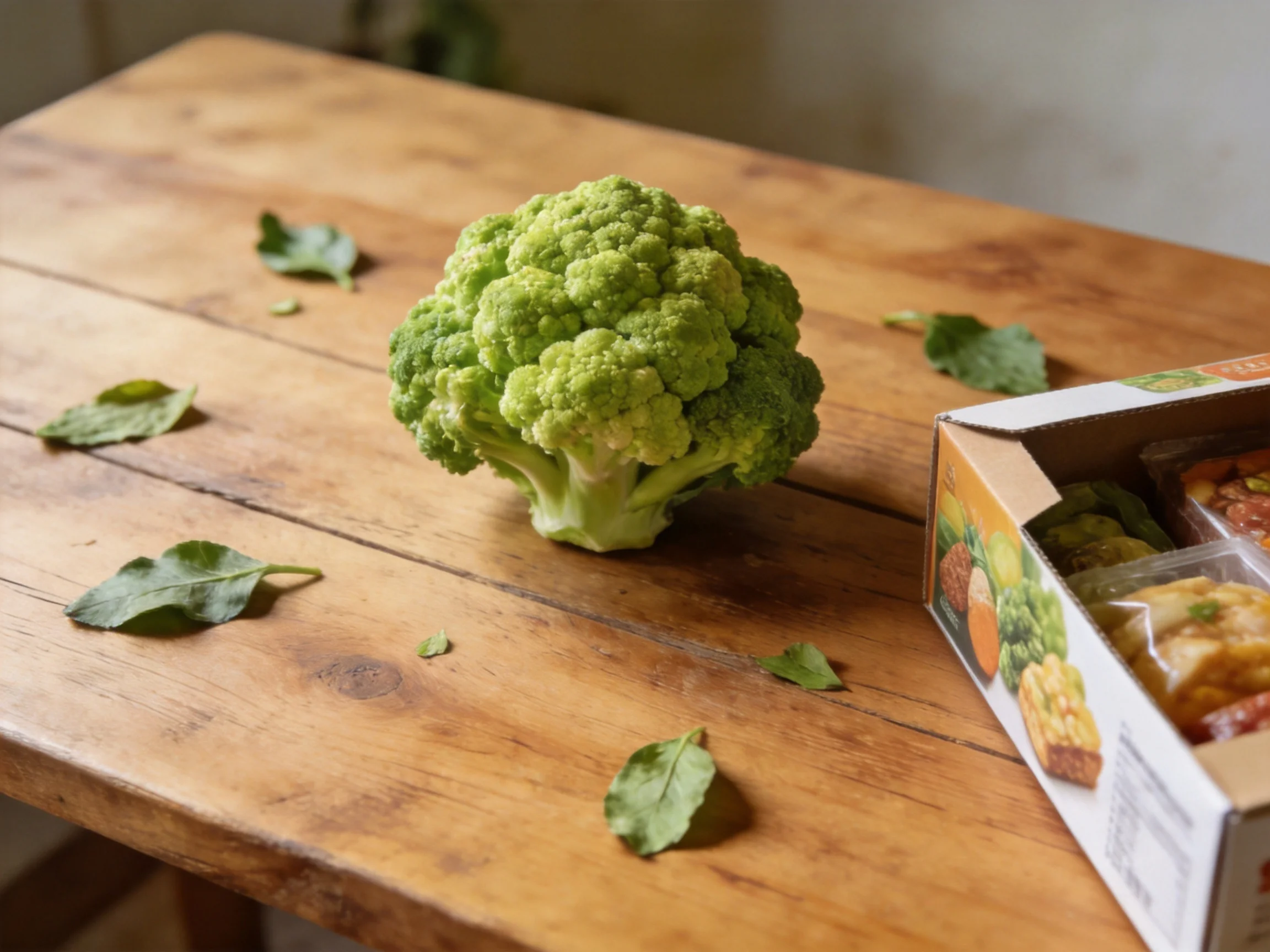Fresh broccoli on rustic wooden table with scattered leaves and packaged food