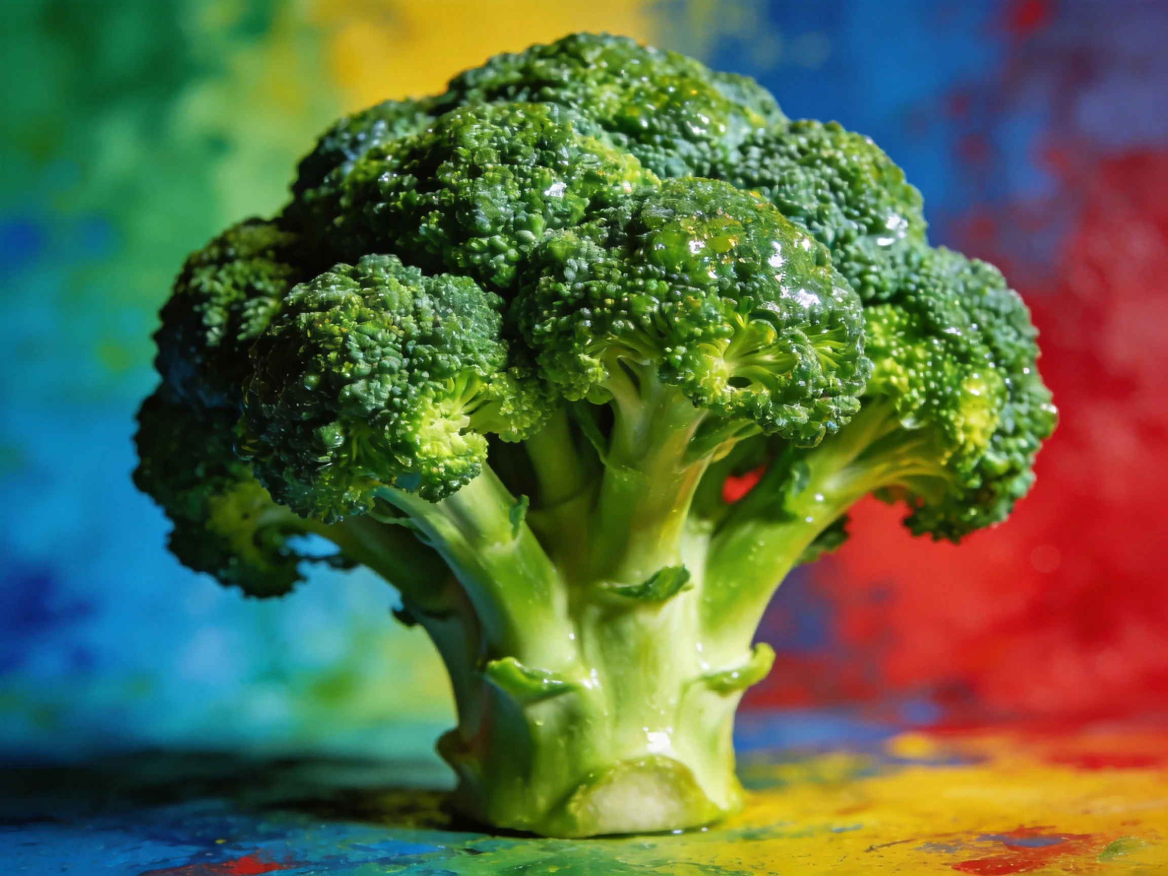 Fresh broccoli with crisp green florets on colorful artistic background