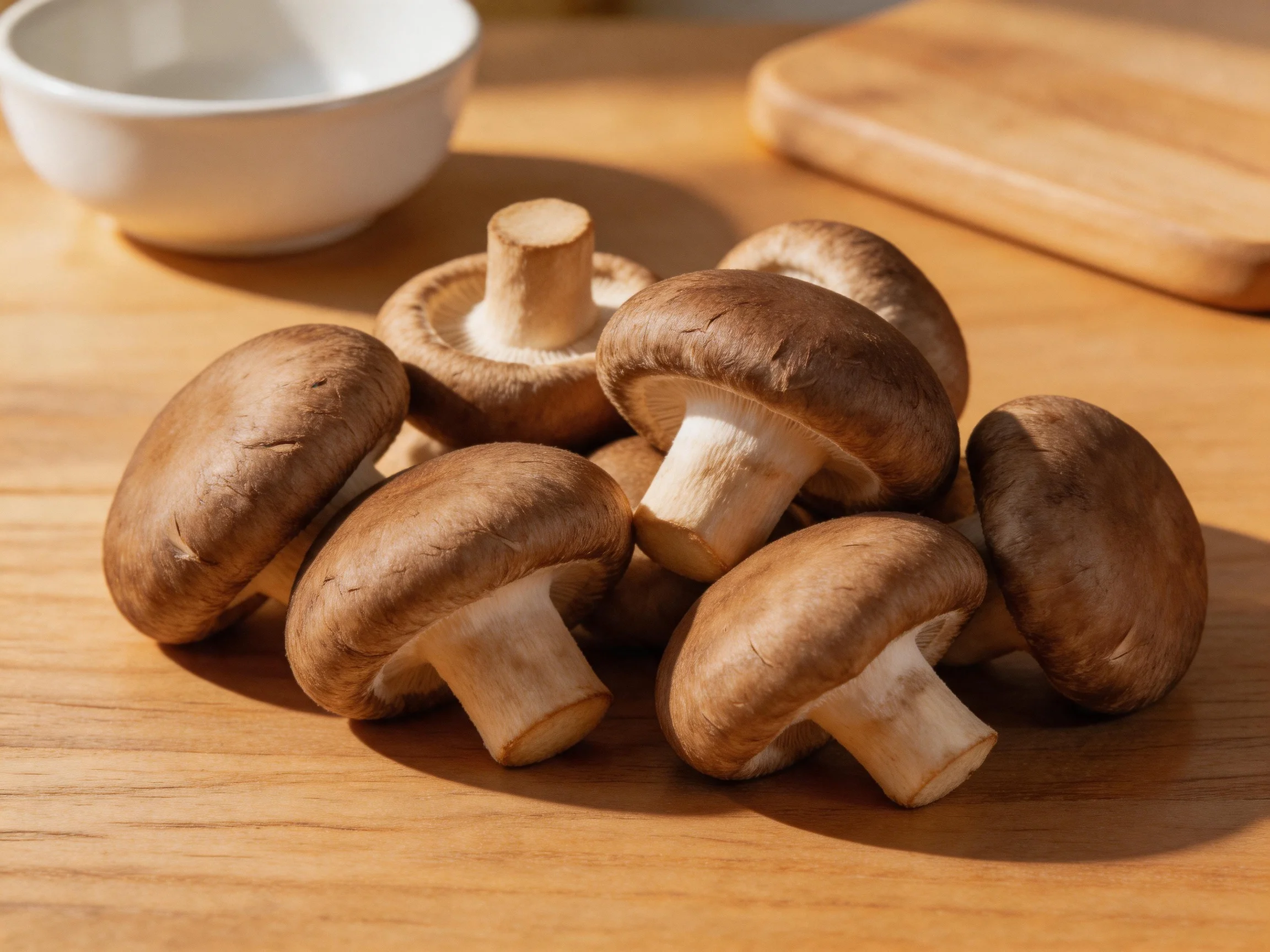 Fresh brown button mushrooms clustered on a wooden kitchen surface