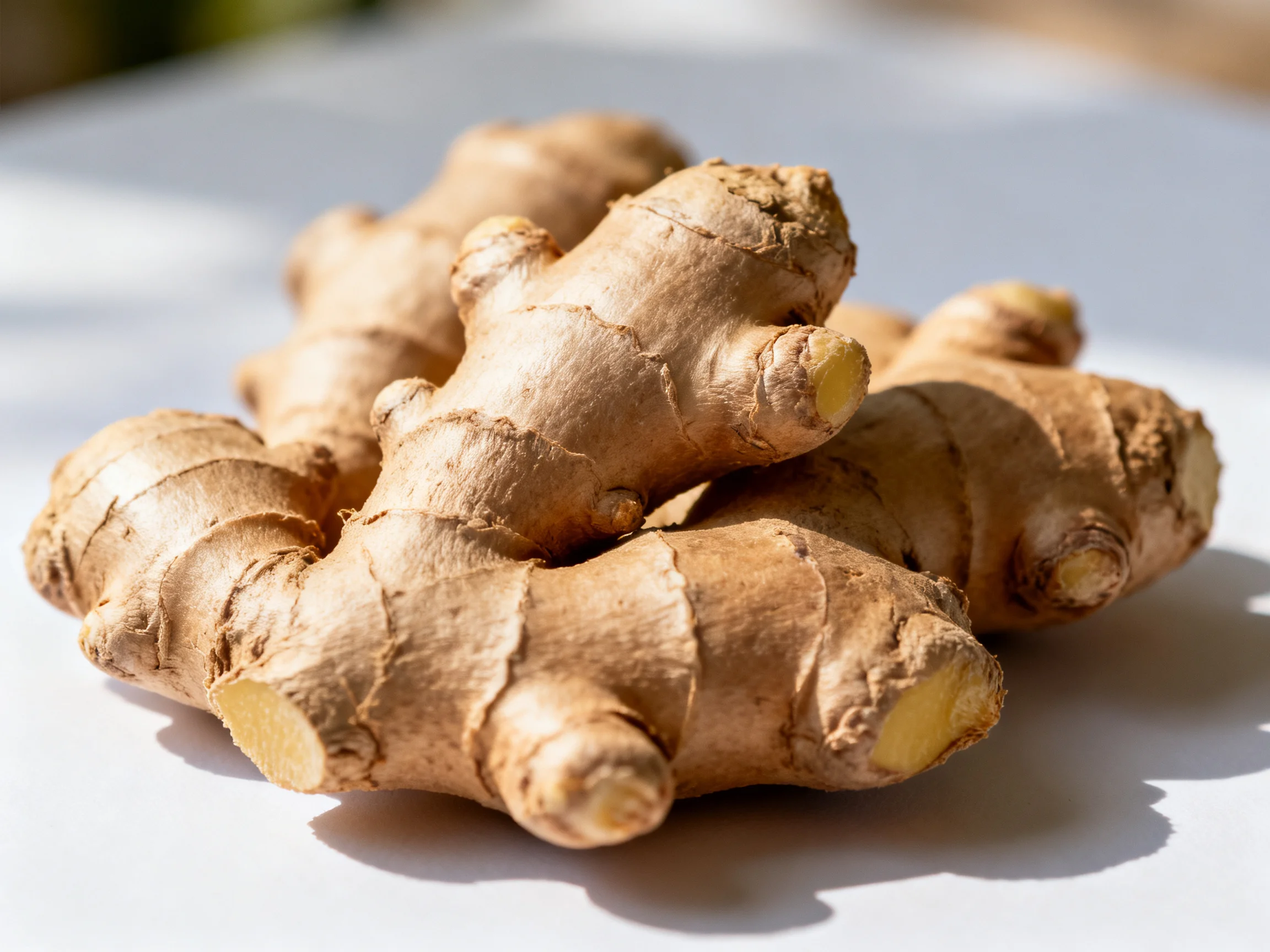 Fresh brown ginger roots clustered on a white surface