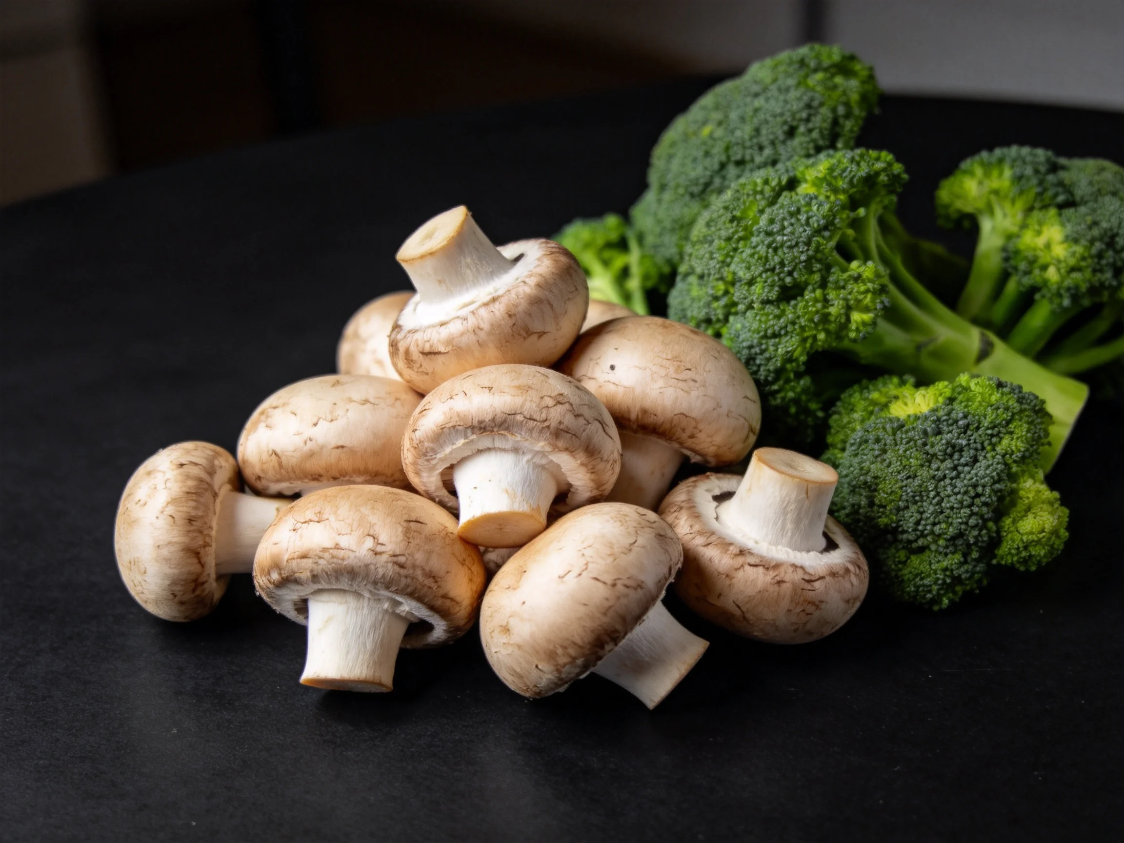 Fresh brown mushrooms and vibrant green broccoli arranged on a dark surface