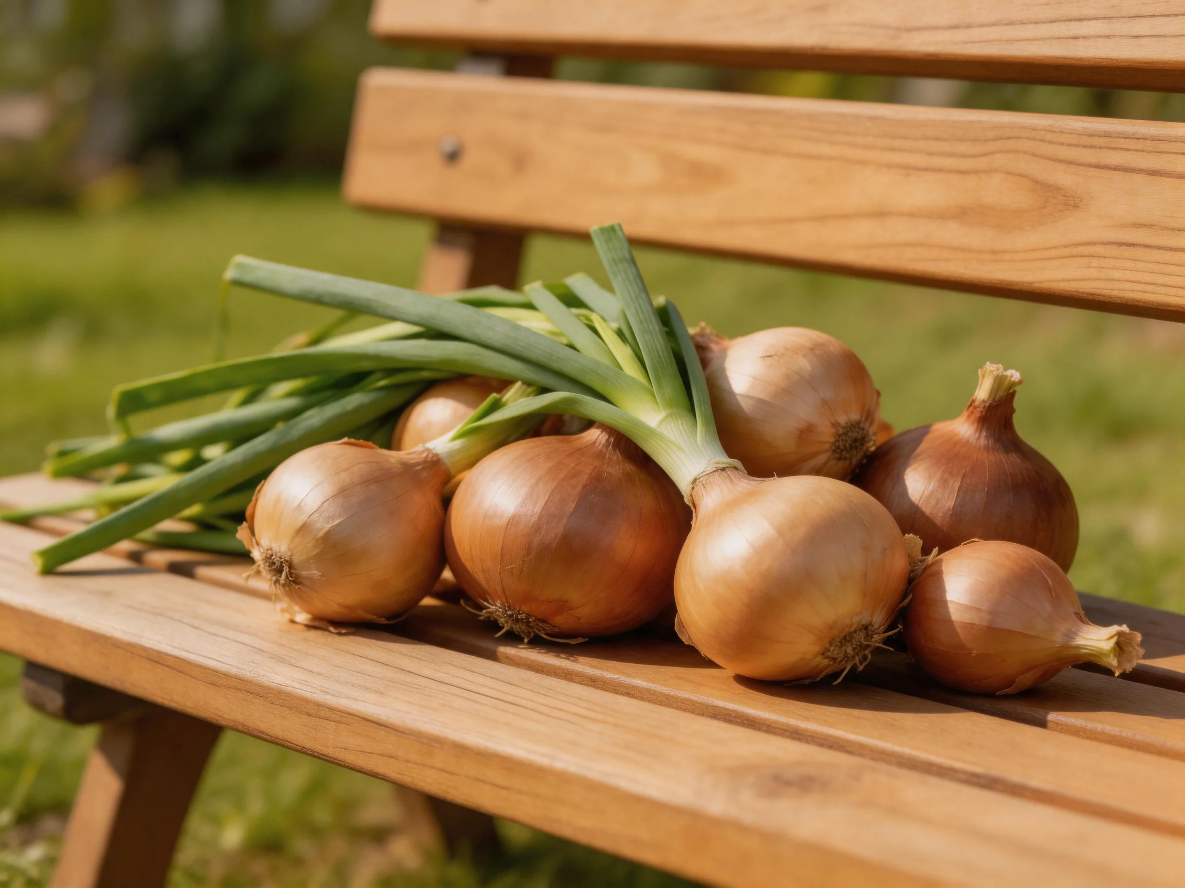Fresh brown onions and green scallions arranged on a wooden bench