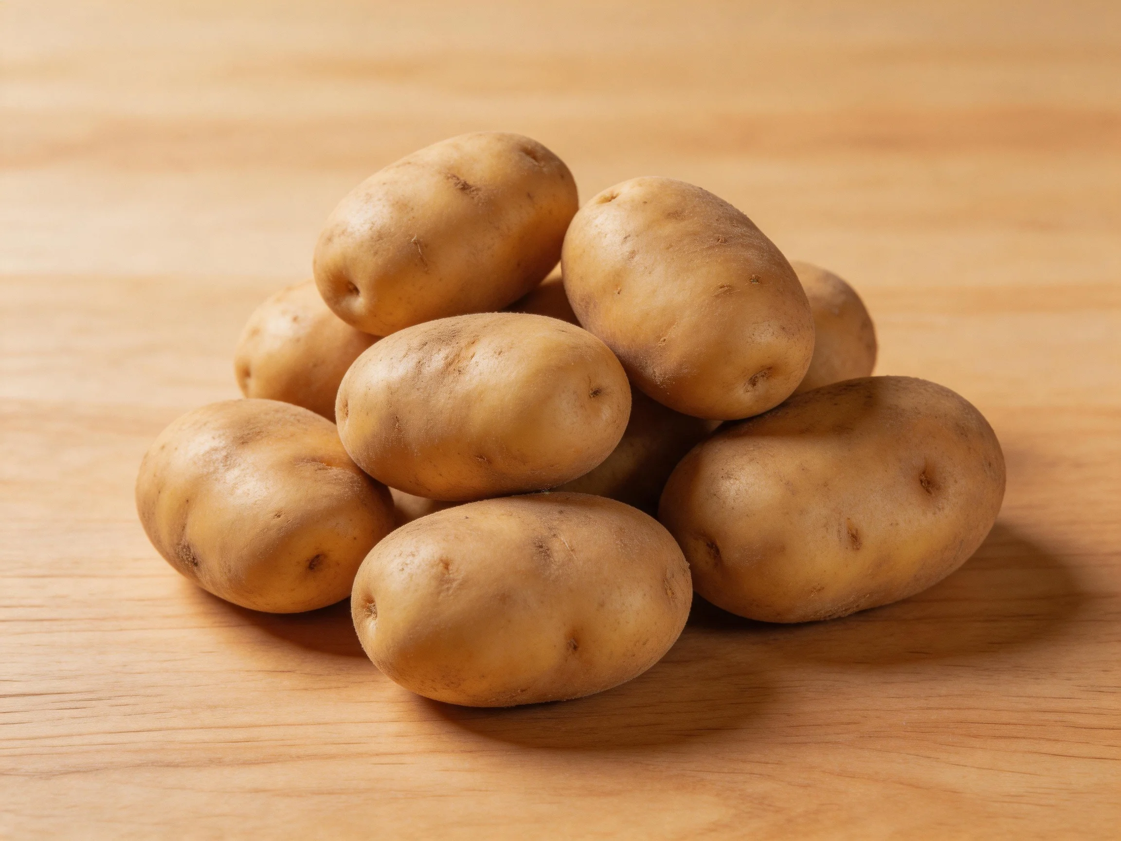 Fresh brown potatoes arranged in a cluster on a wooden surface
