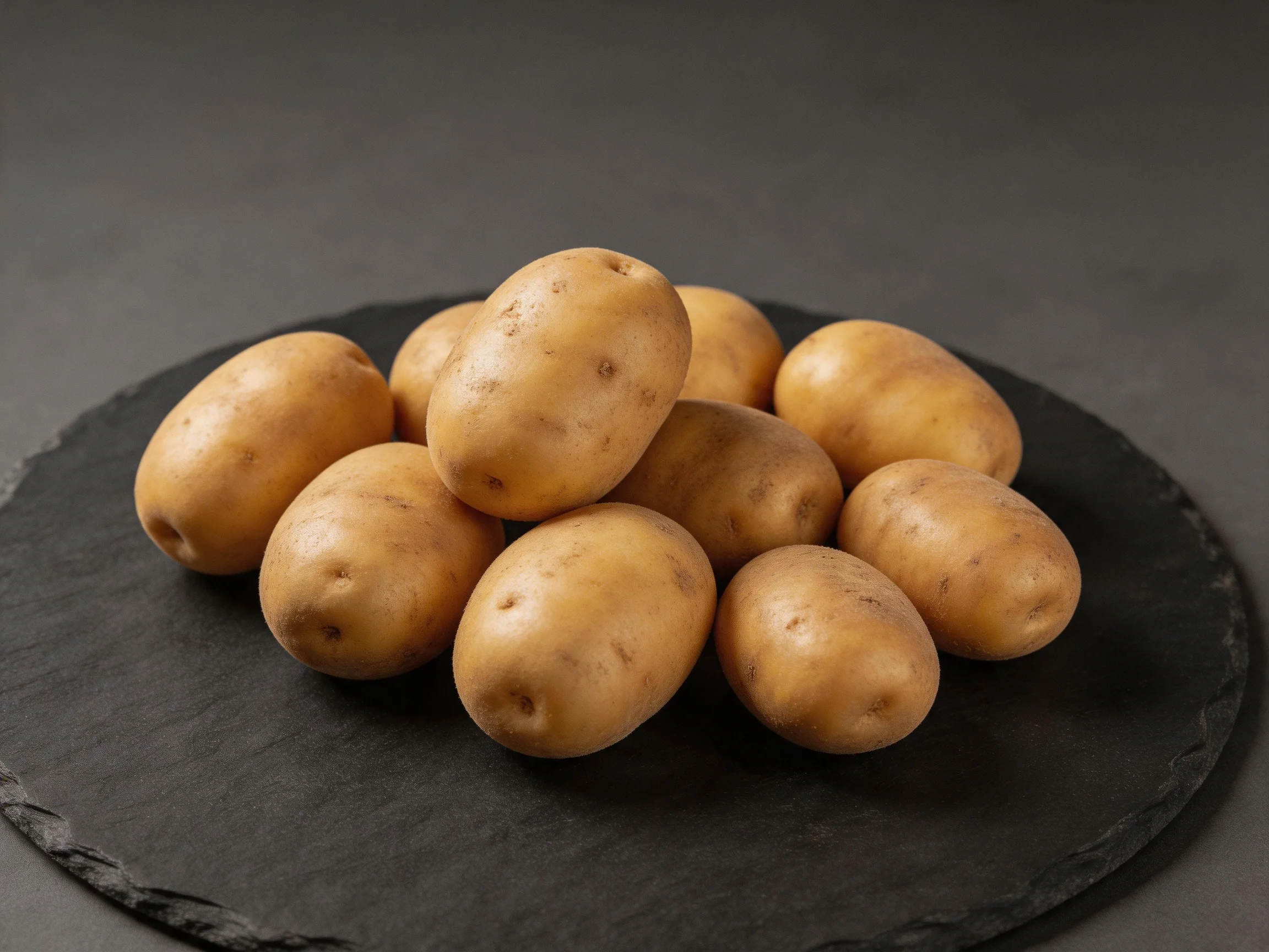 Fresh brown potatoes arranged on a dark slate serving platter