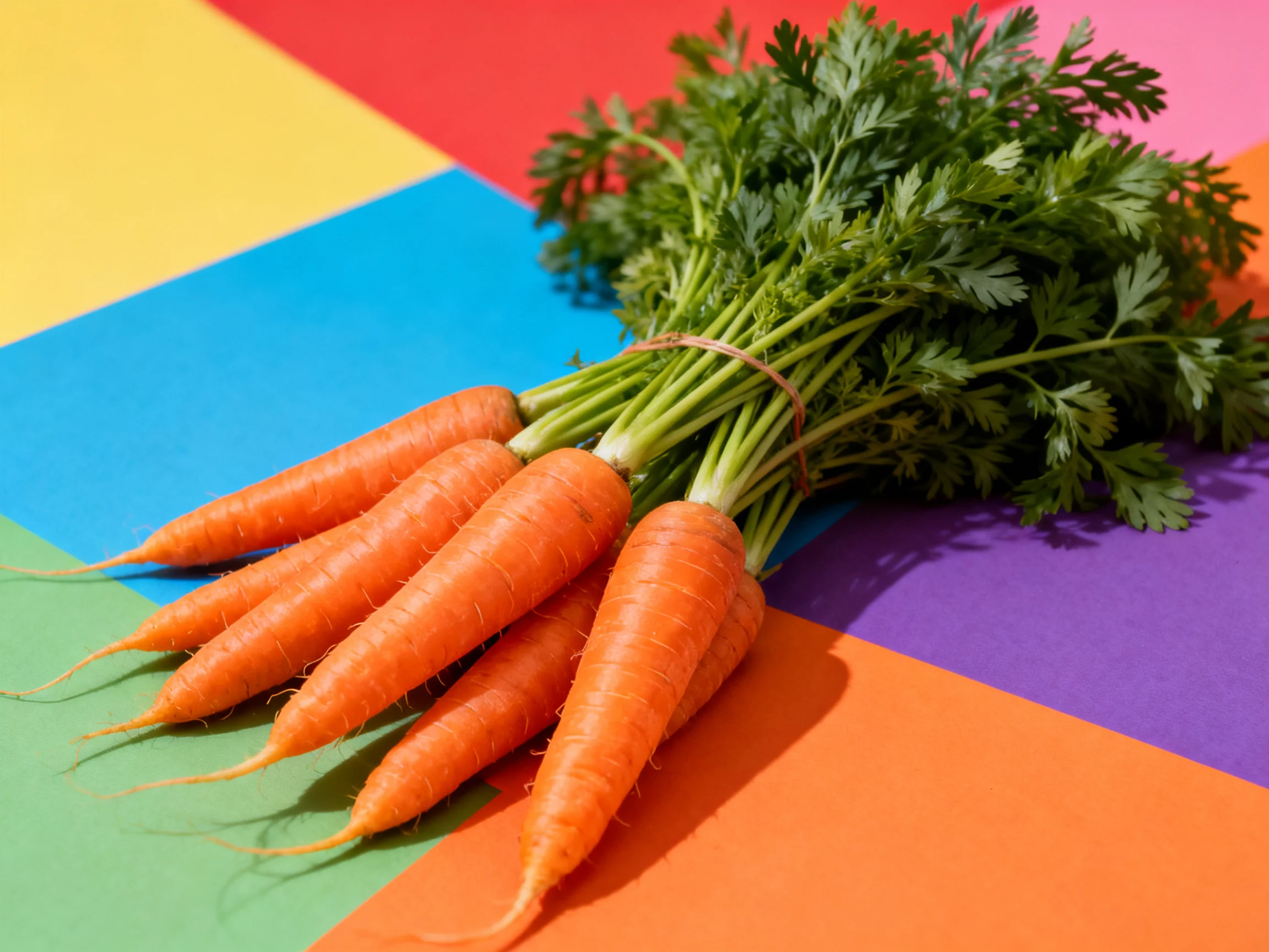 Fresh carrot bundle arranged on vibrant multicolor geometric surface