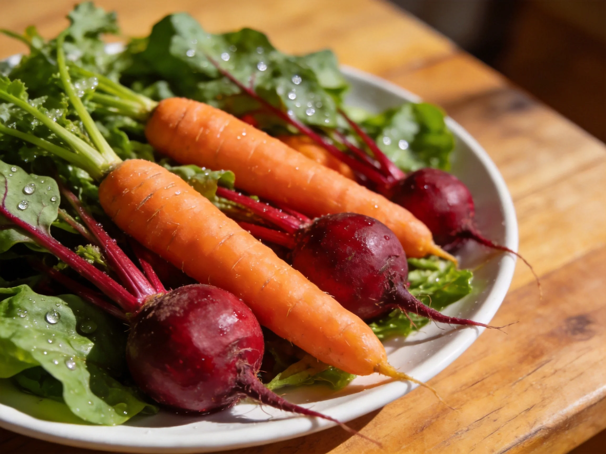 Fresh carrots and beets with leafy greens on a white plate