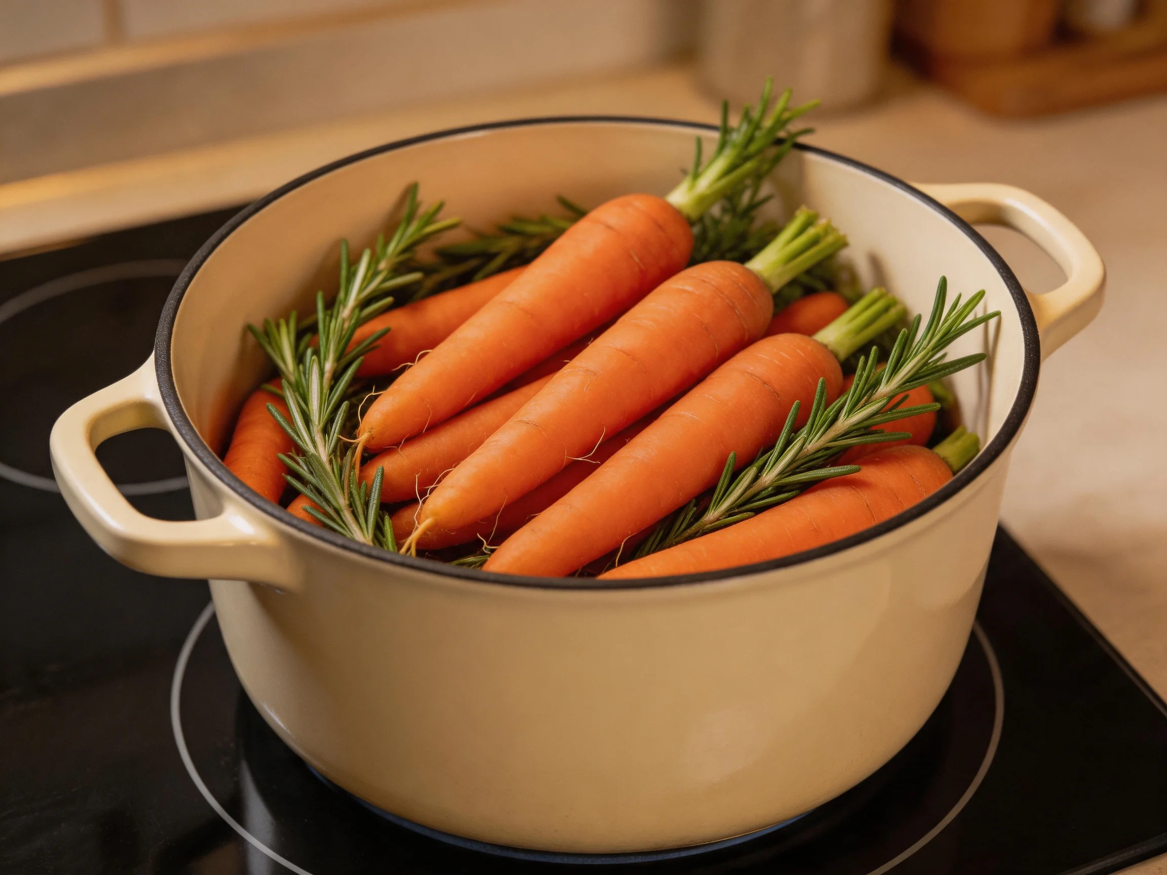 Fresh carrots and rosemary in a cream-colored pot on a stovetop
