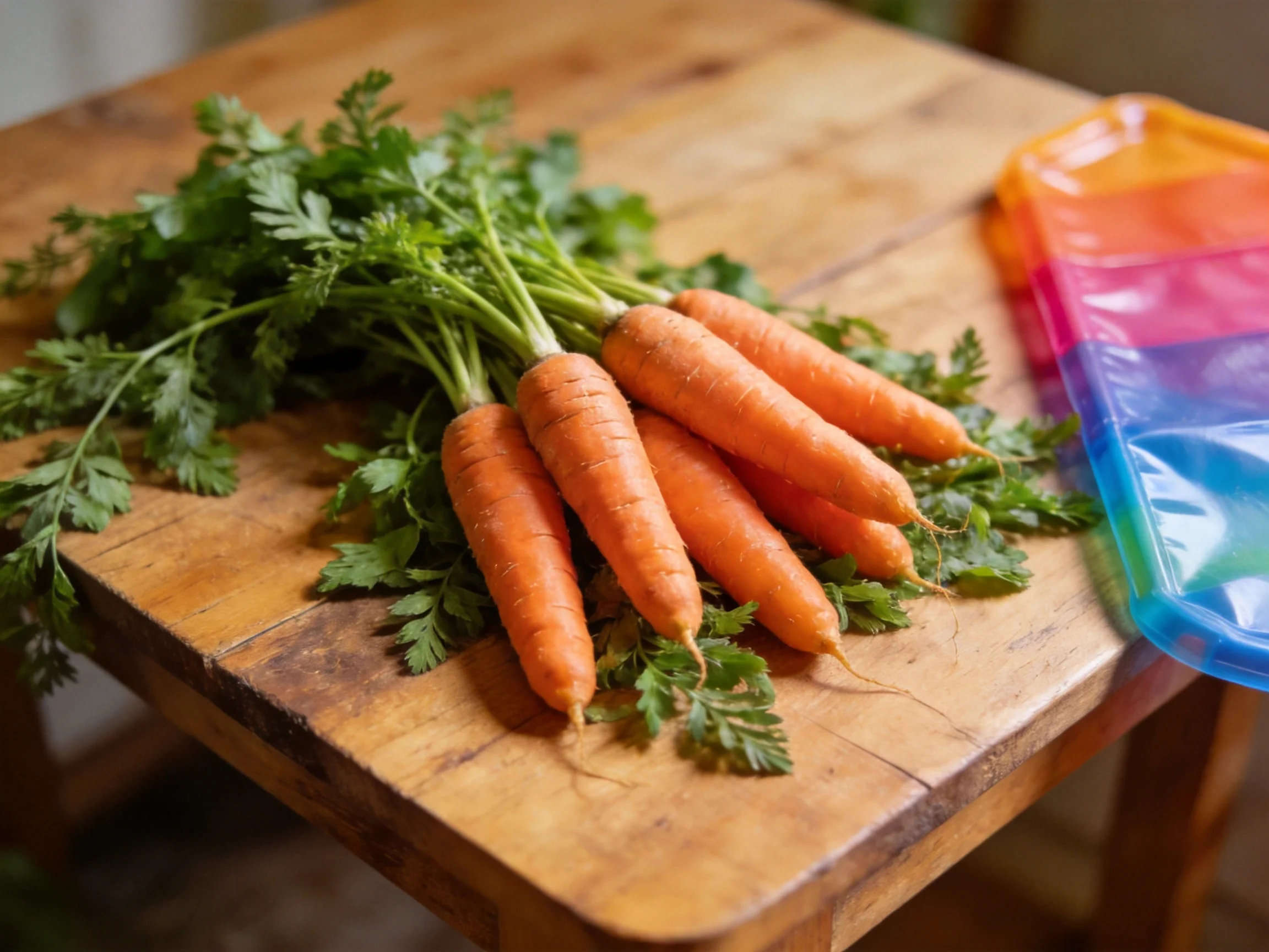 Fresh carrots with green tops on a wooden cutting board near a rainbow-colored bag