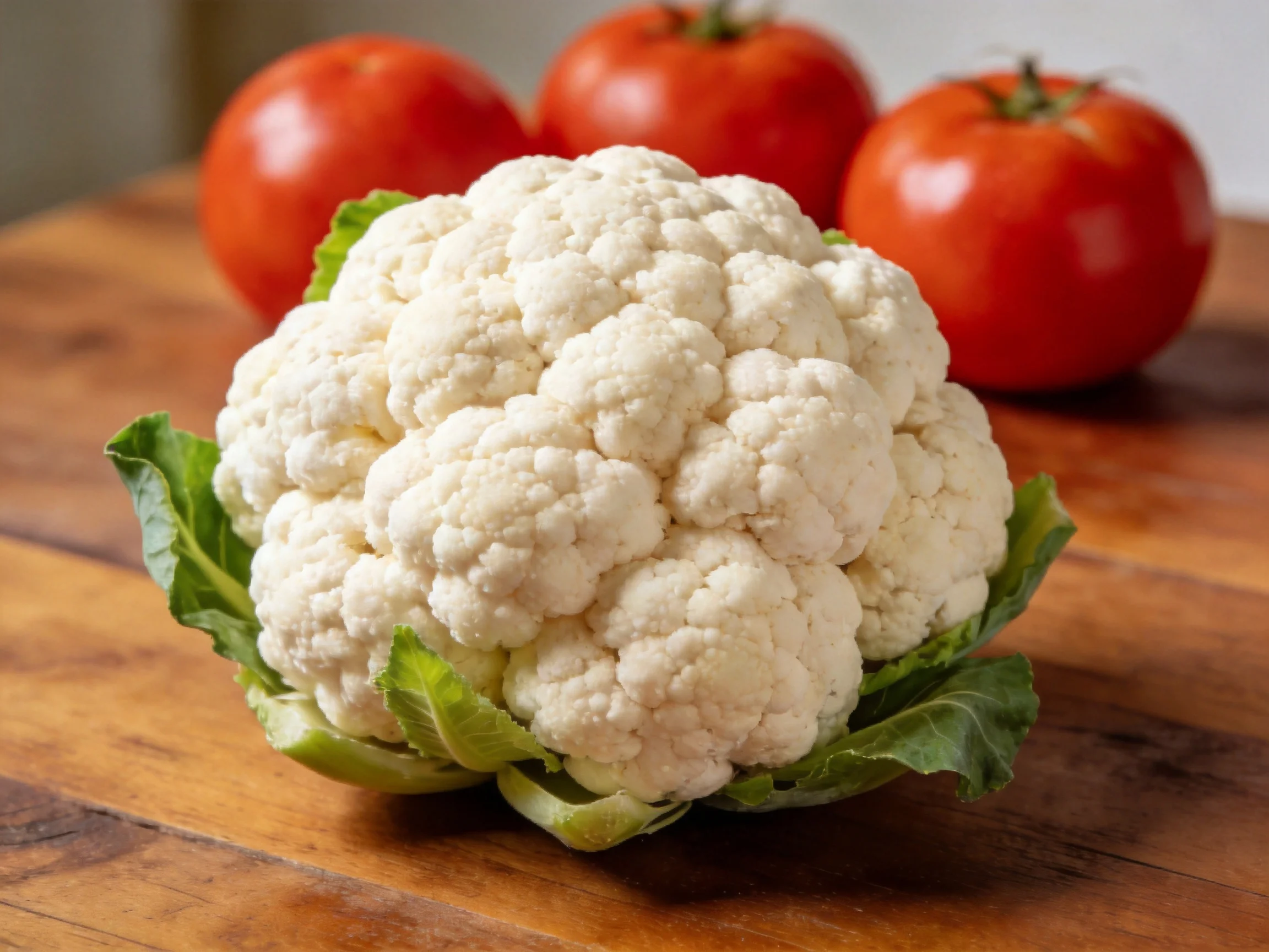 Fresh cauliflower and ripe tomatoes arranged on a wooden cutting board