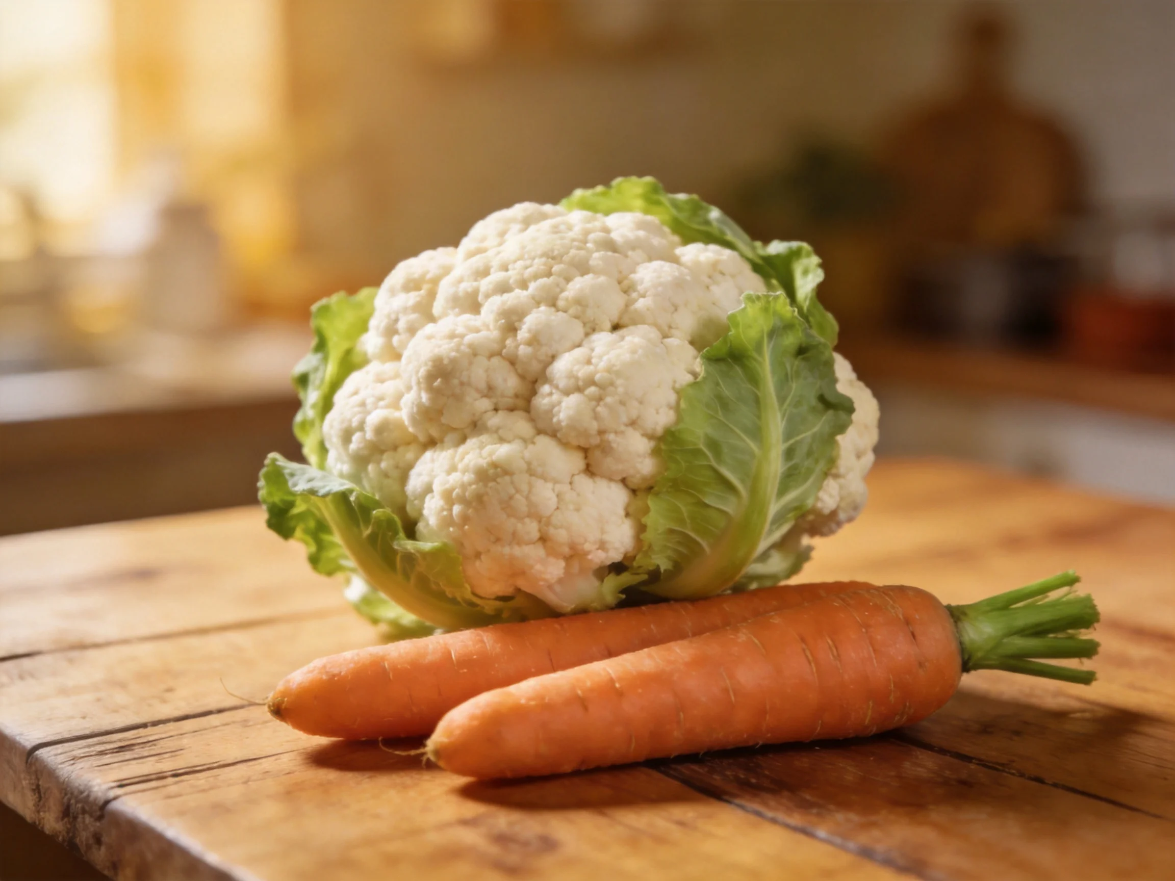 Fresh cauliflower and two carrots rest on a rustic wooden surface