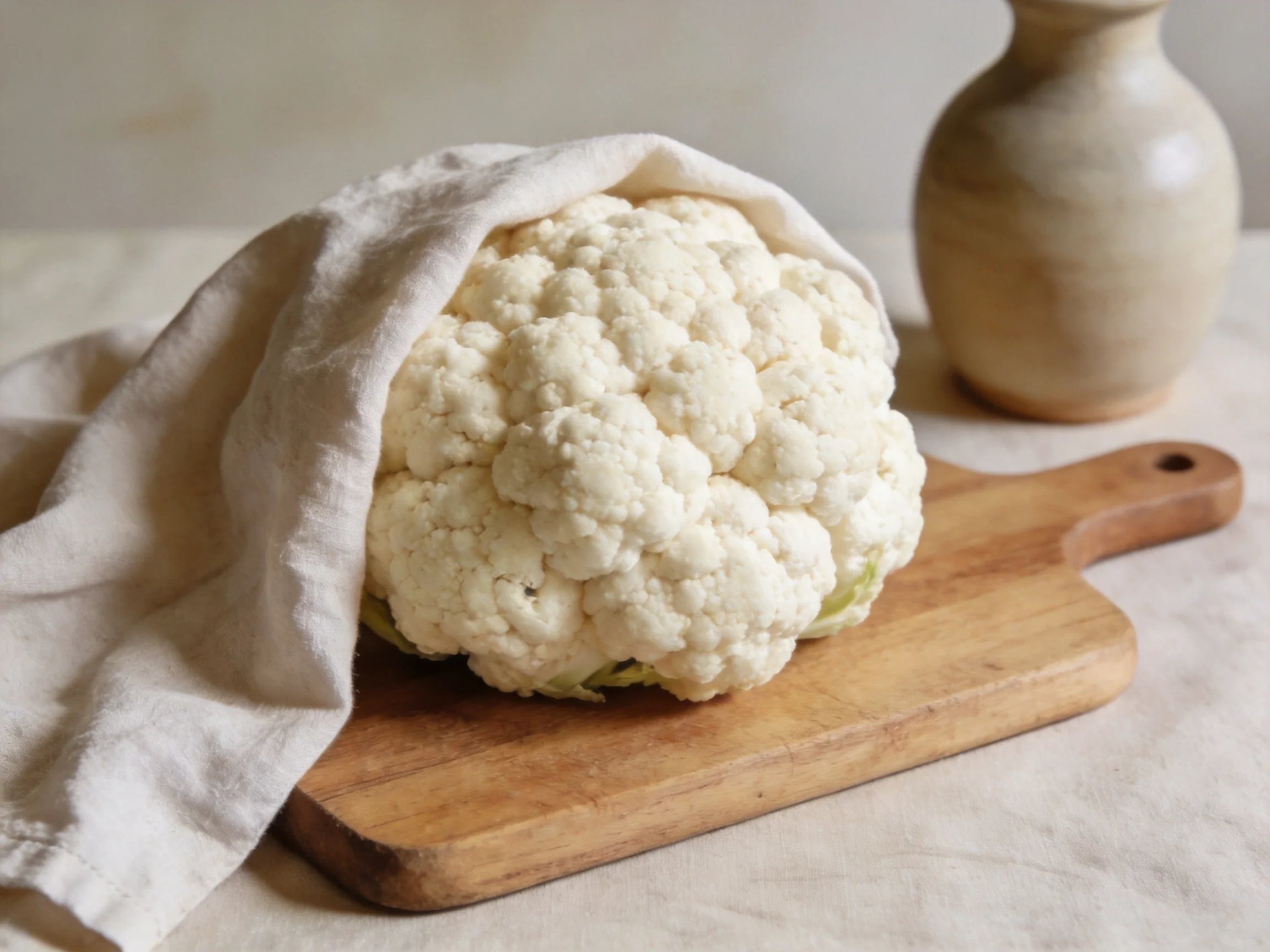 Fresh cauliflower under cloth on wooden board with ceramic vase