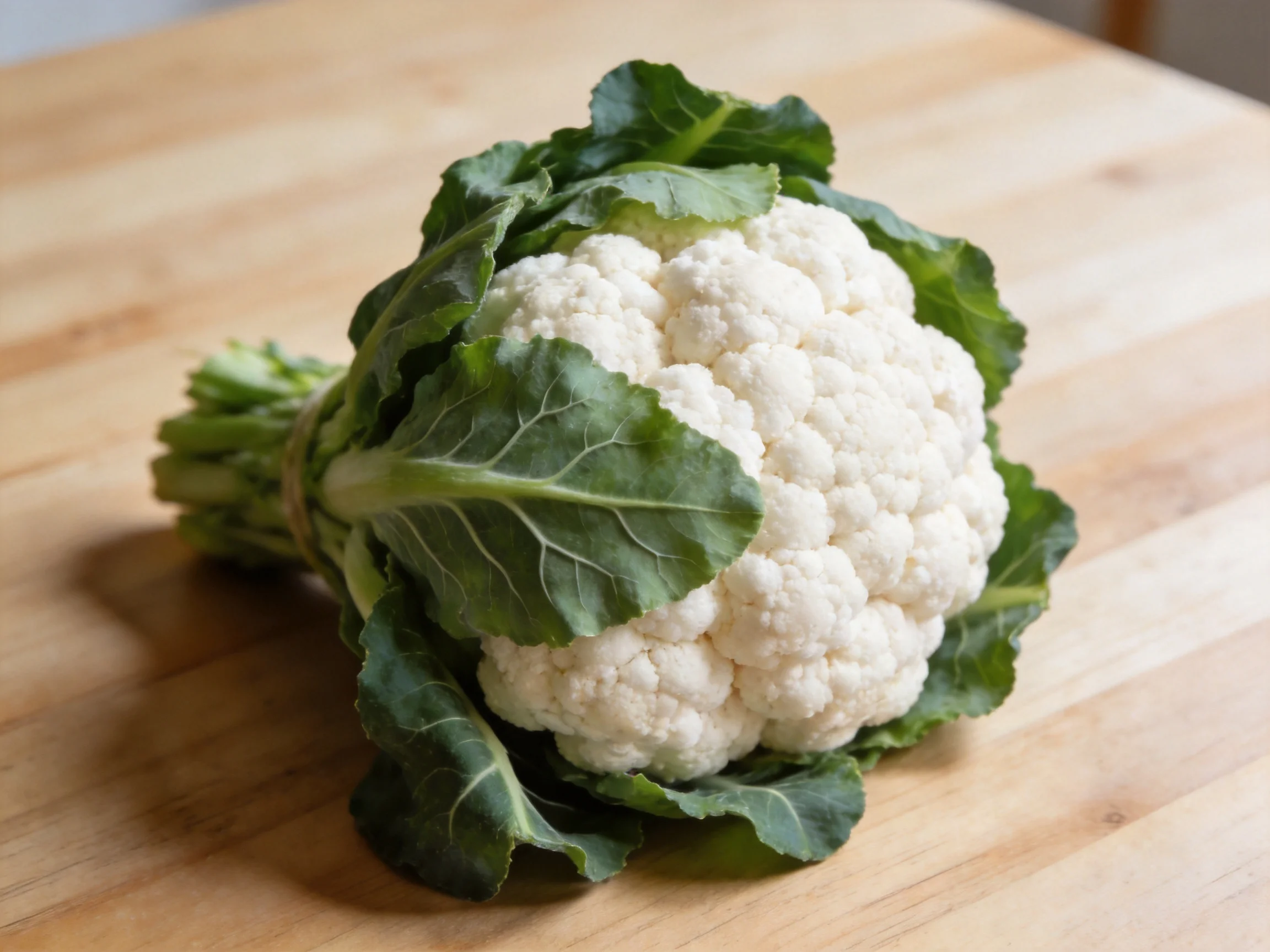 Fresh cauliflower with green leaves on a light wooden cutting board