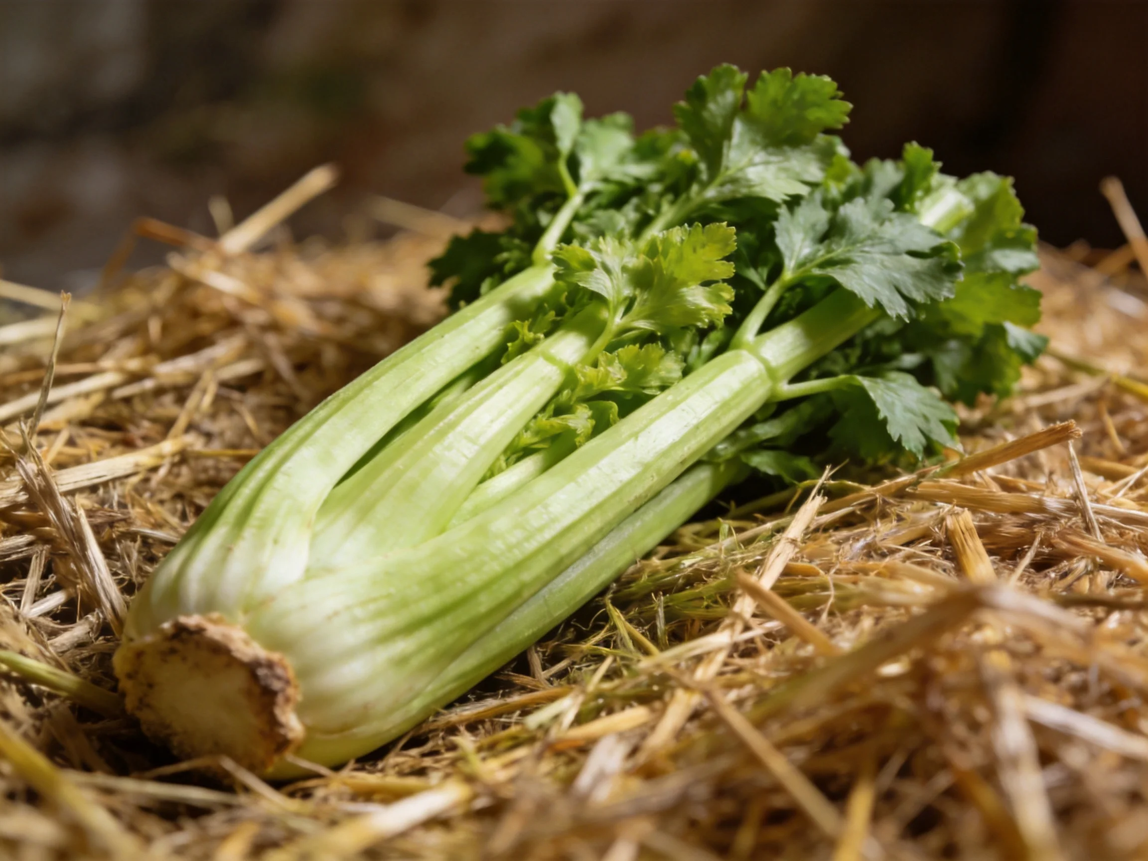 Fresh celery bundle with vibrant green tops on golden straw