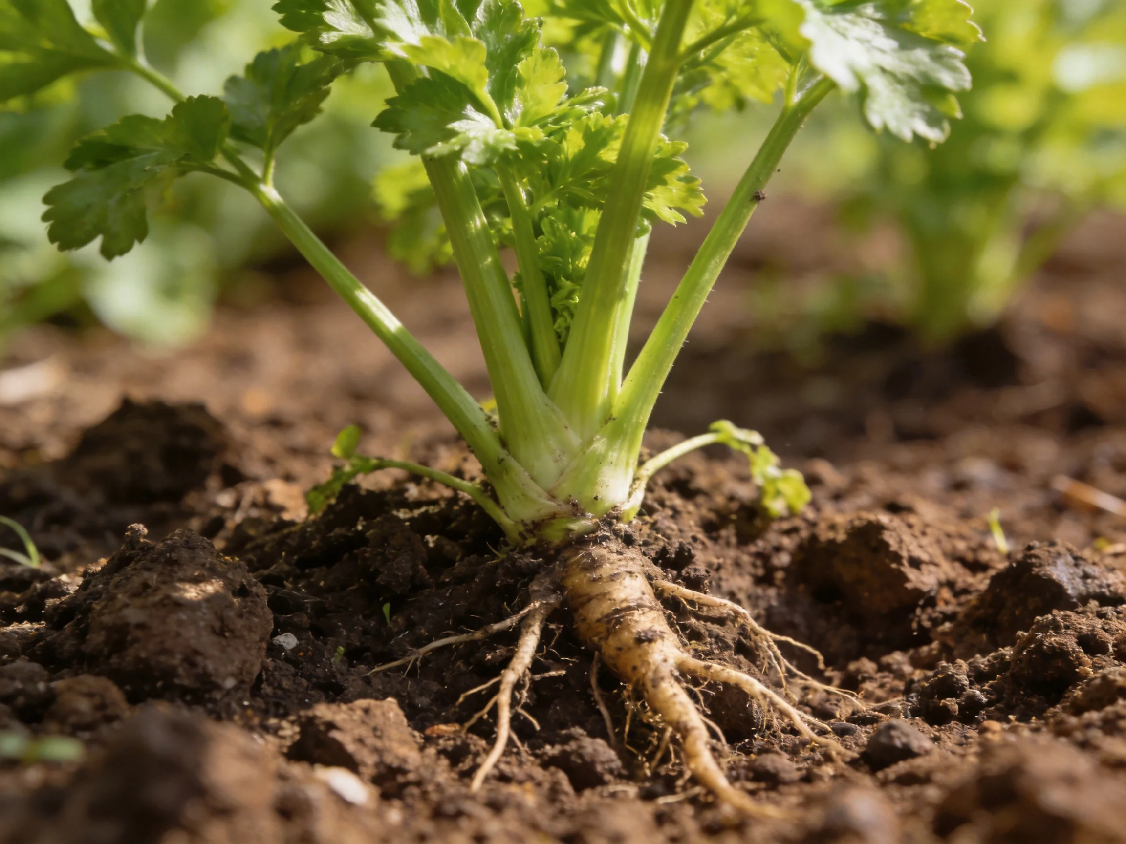 Fresh celery plant with green foliage and exposed root in dark soil