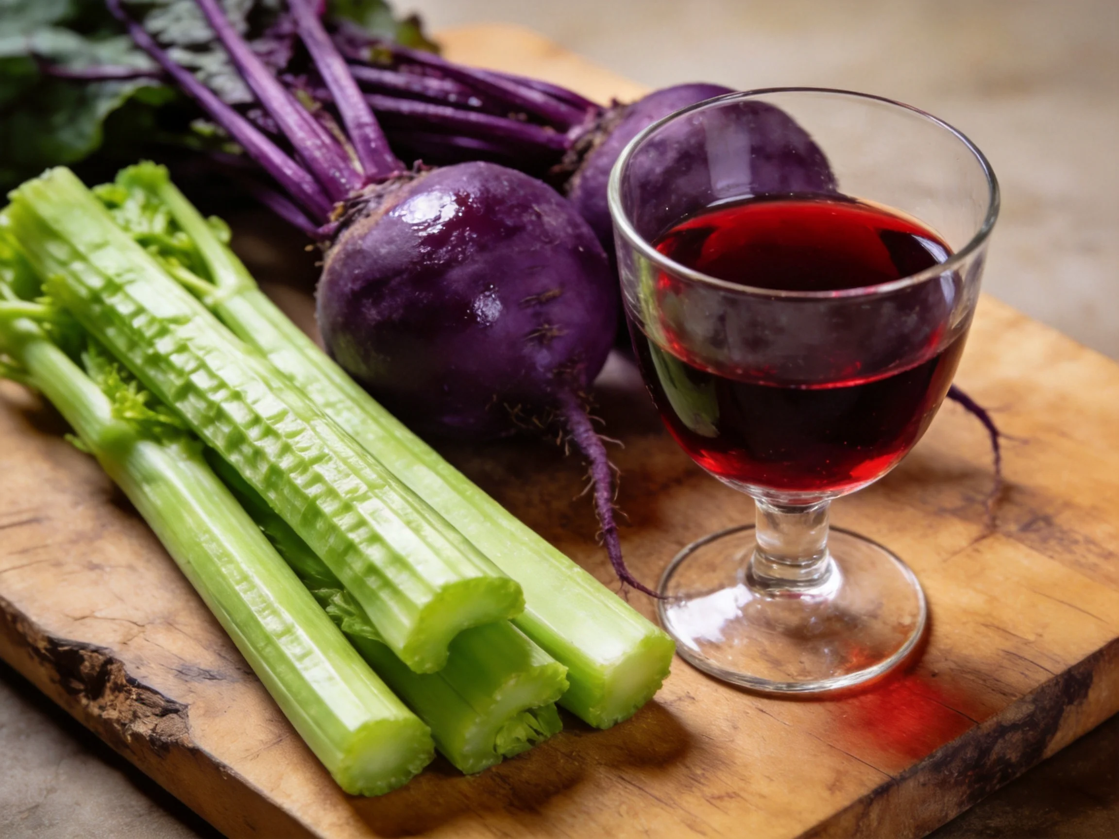 Fresh celery, purple beets, and red beverage on a wooden cutting board