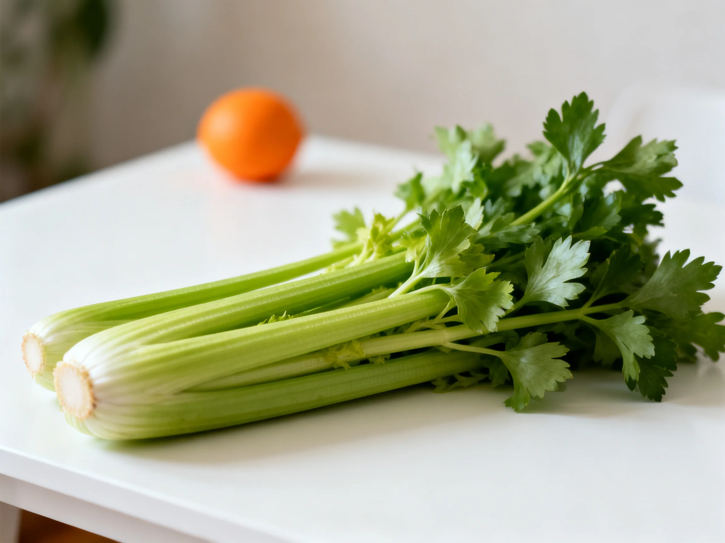 Fresh celery stalks and an orange on a white surface