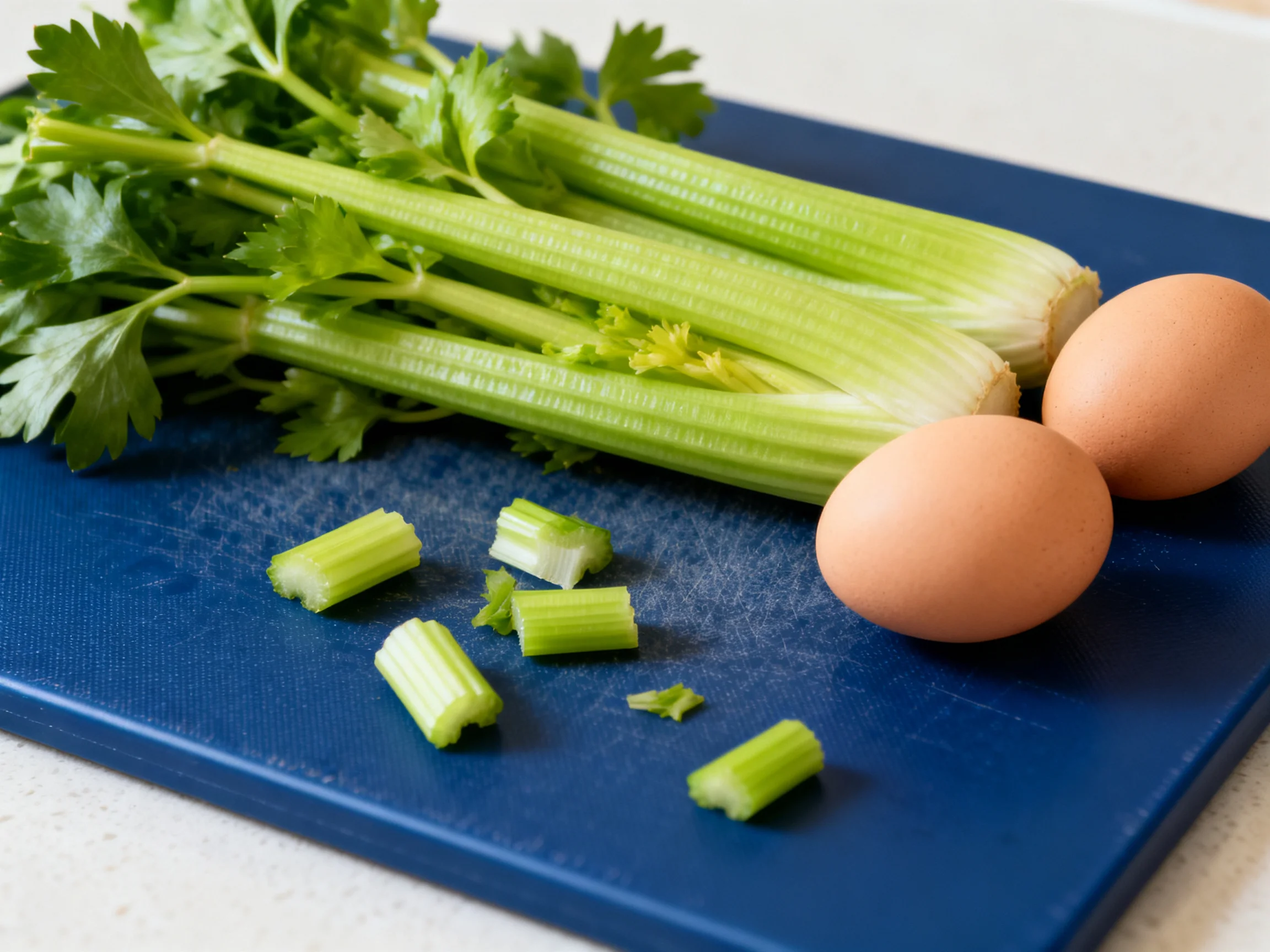 Fresh celery stalks, chopped celery pieces, and brown eggs on a blue cutting board