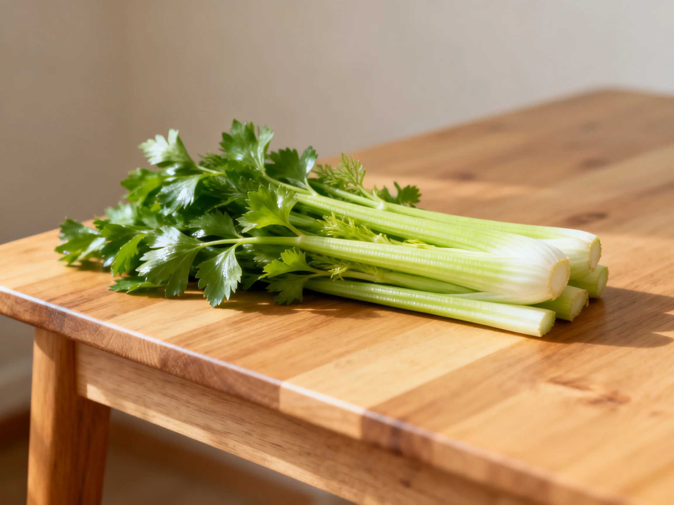 Fresh celery stalks on a polished wooden cutting board