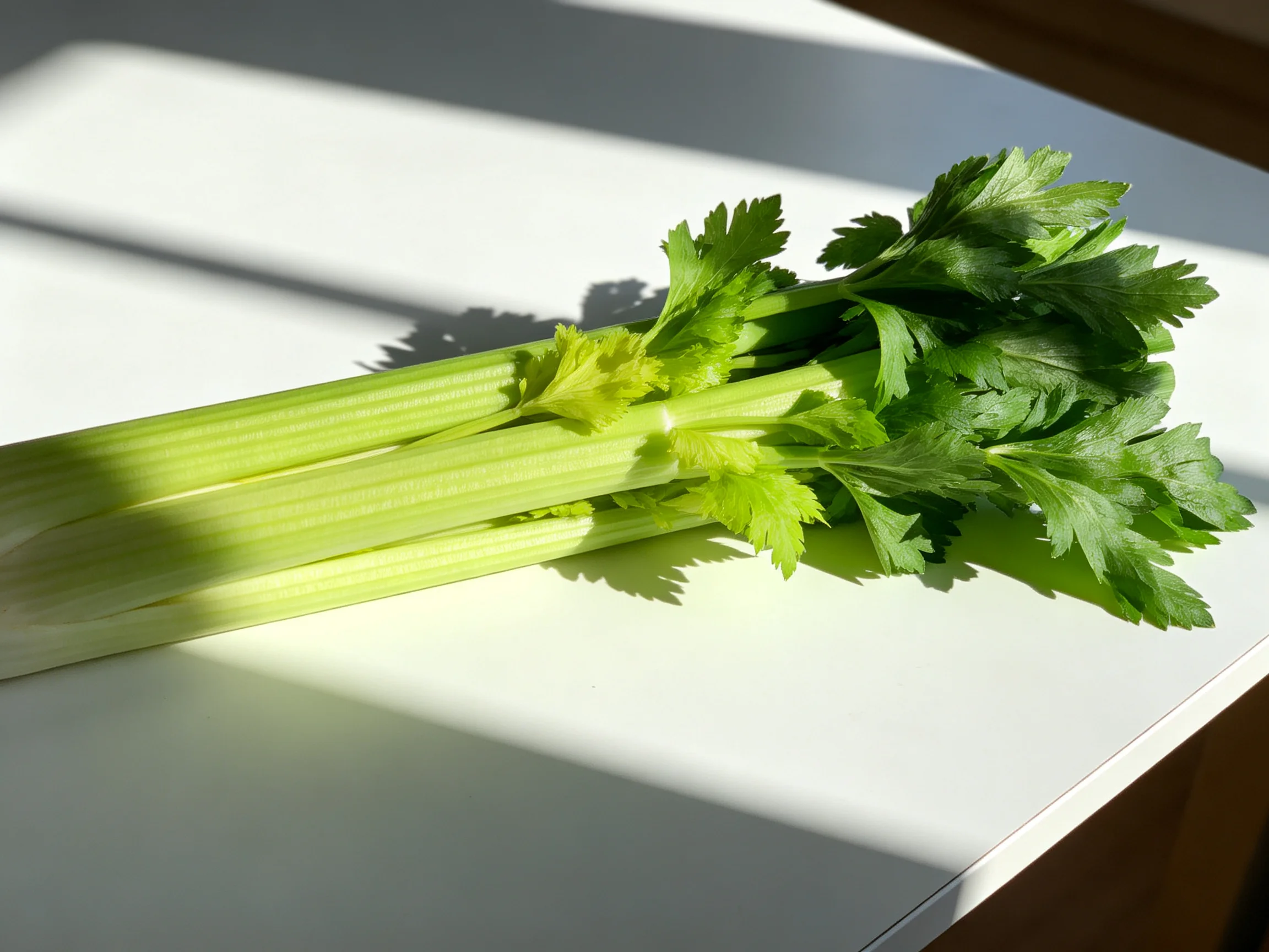 Fresh celery stalks with leafy green tops on a bright white surface under sunlight