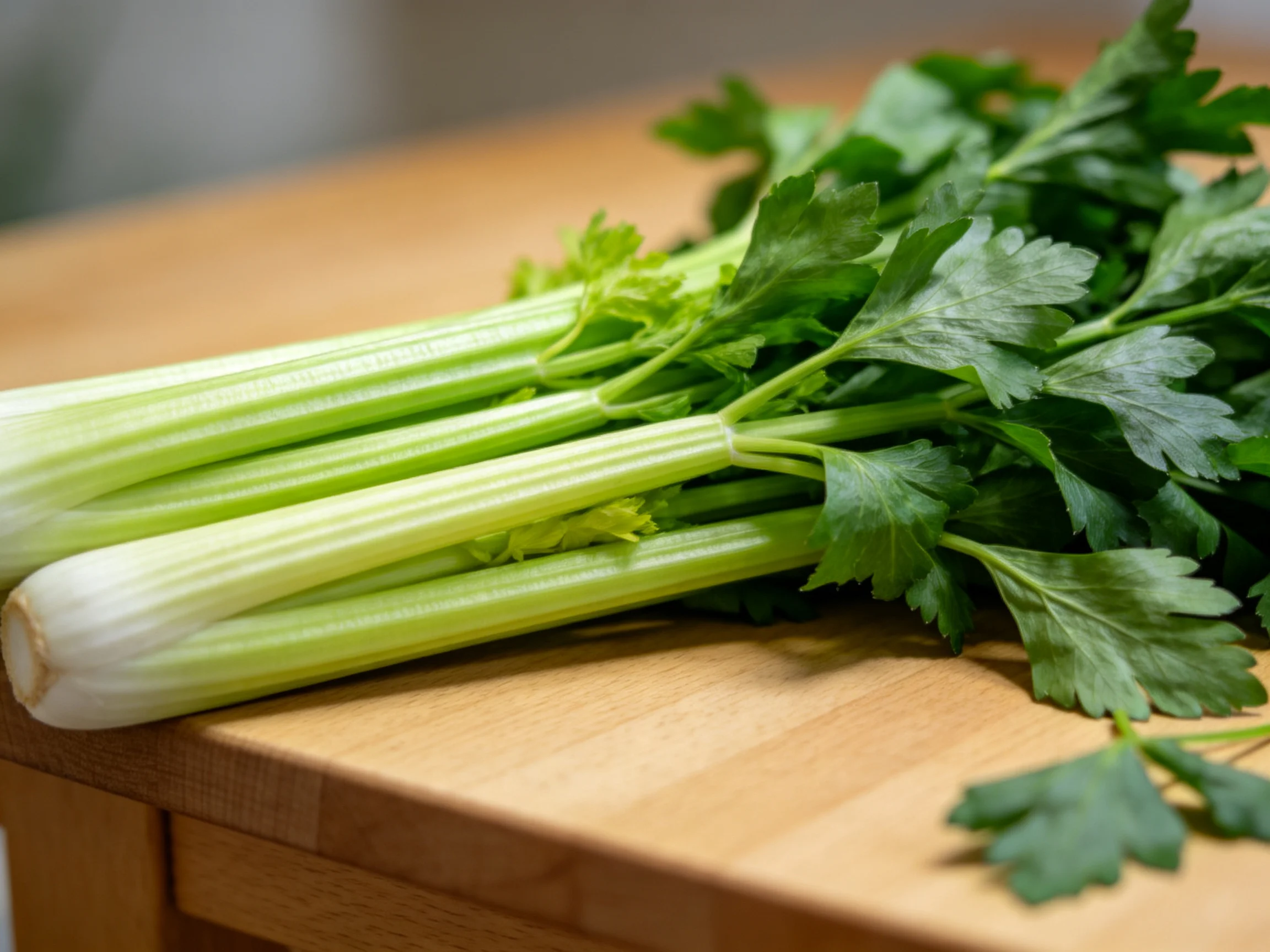Fresh celery stalks with leafy greens on a wooden cutting board