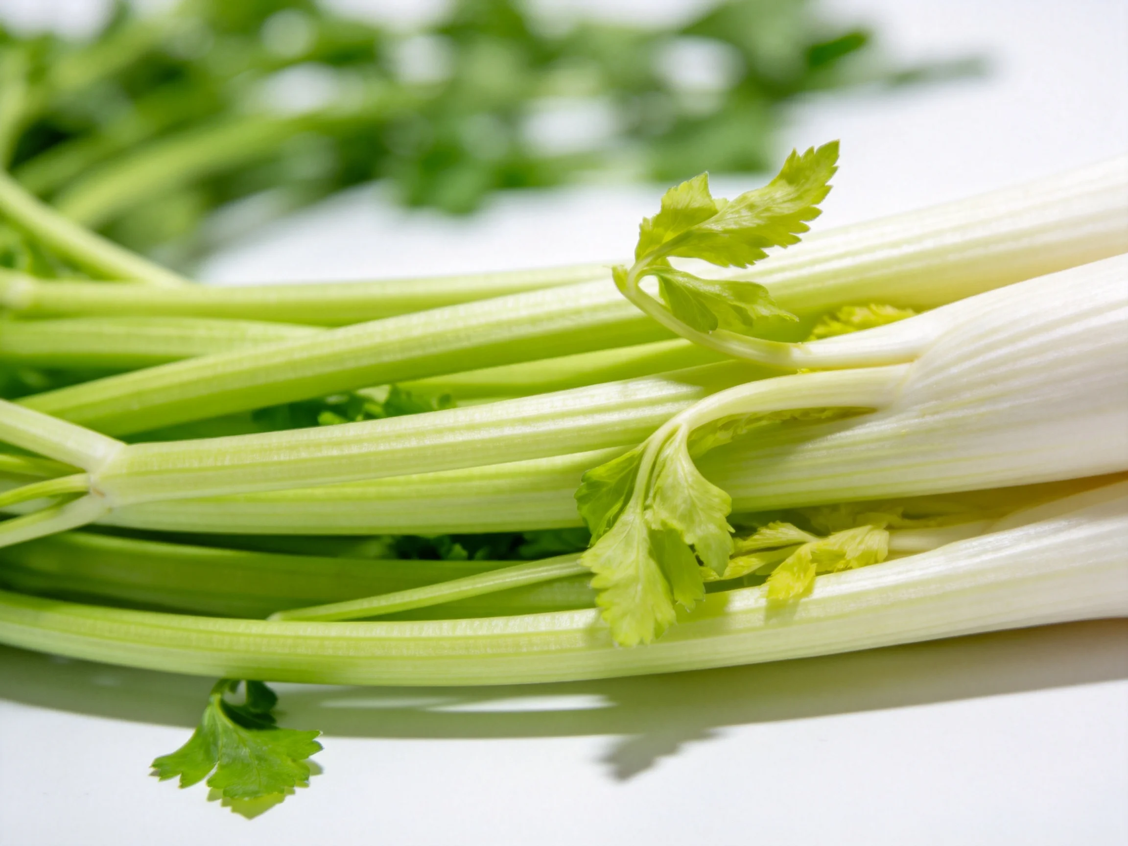 Fresh celery stalks with vibrant green leafy tops on a white surface
