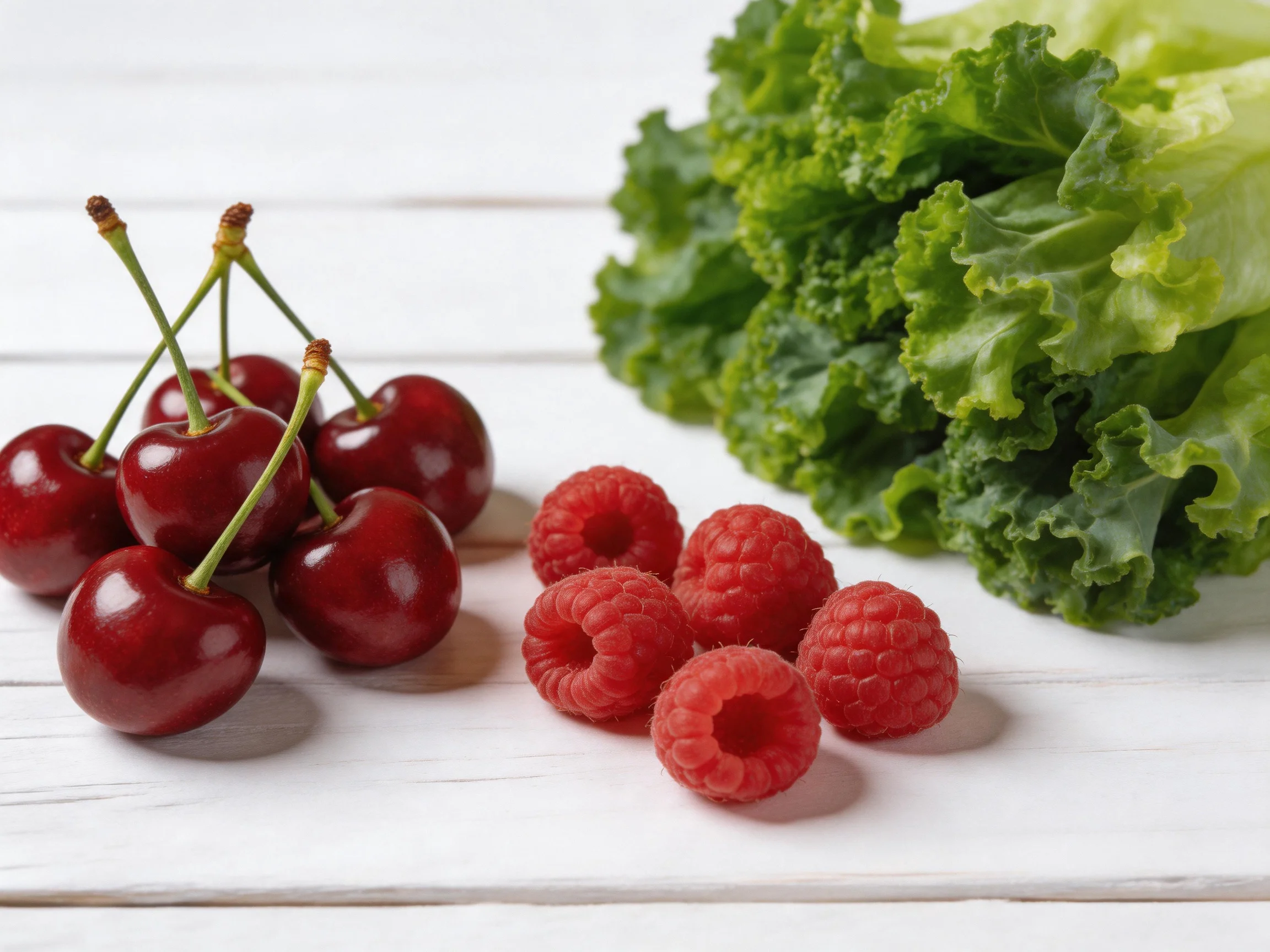 Fresh cherries, raspberries, and leafy greens arranged on a white wooden surface