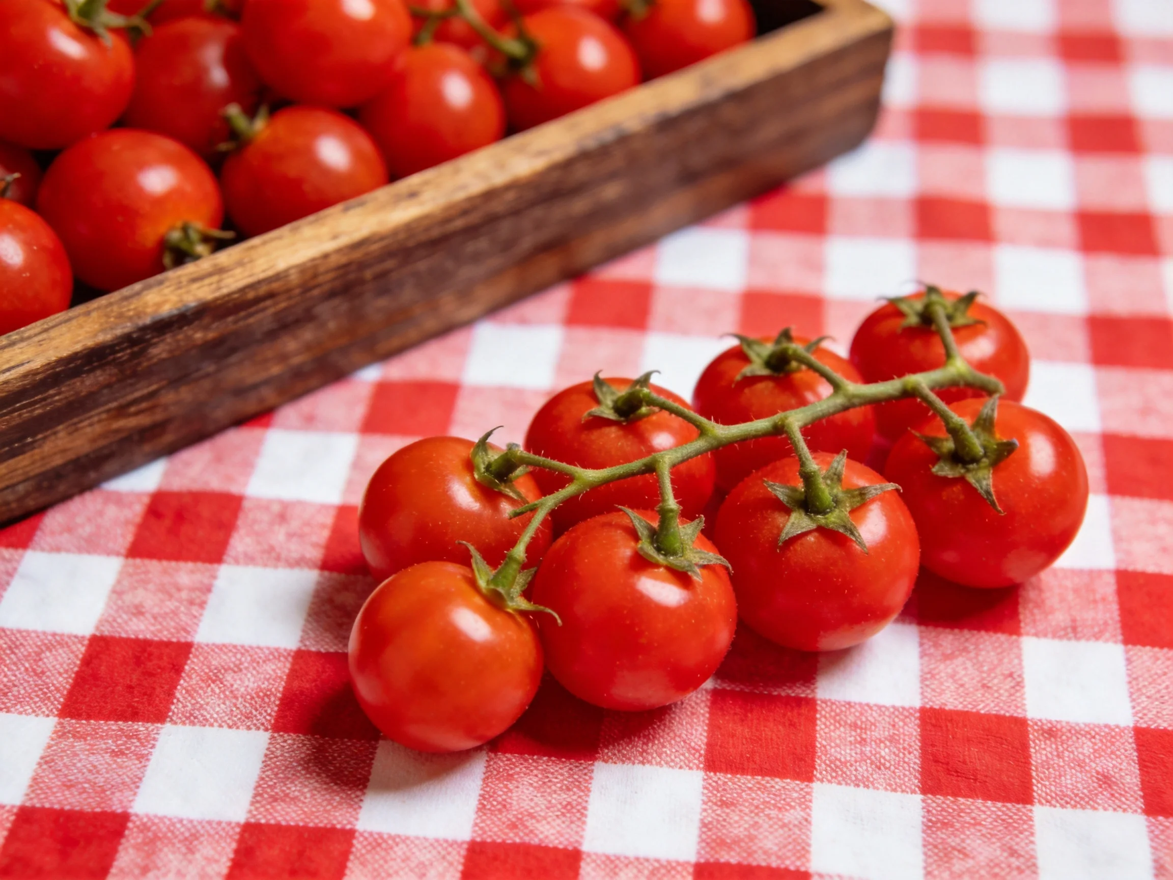 Fresh cherry tomatoes in a wooden tray and on a red-and-white checkered cloth